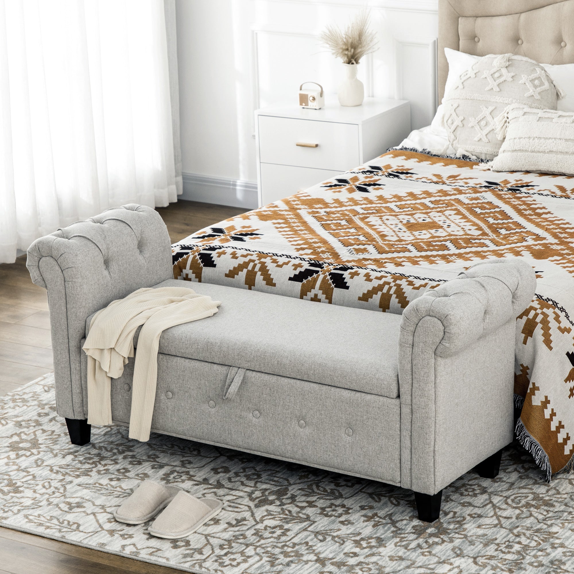 Banco Acolchoado com Armazenamento em Linho 146,5x49x74,5cm - Cinza Claro
