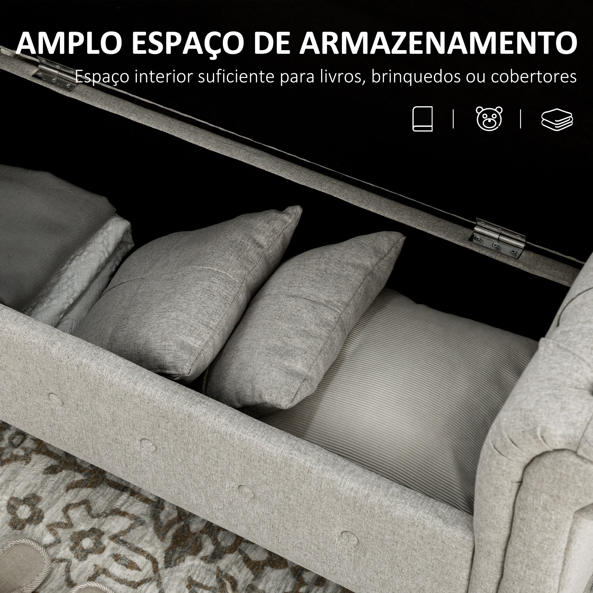 Banco Acolchoado com Armazenamento em Linho 146,5x49x74,5cm - Cinza Claro