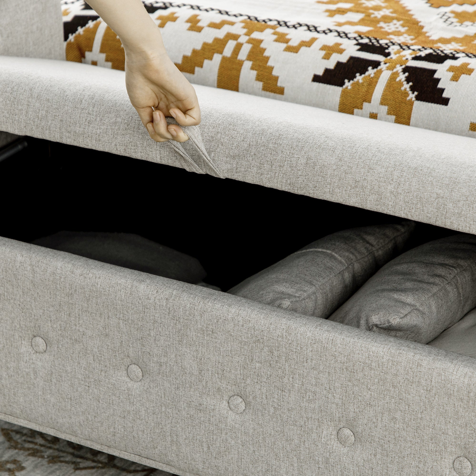 Banco Acolchoado com Armazenamento em Linho 146,5x49x74,5cm - Cinza Claro