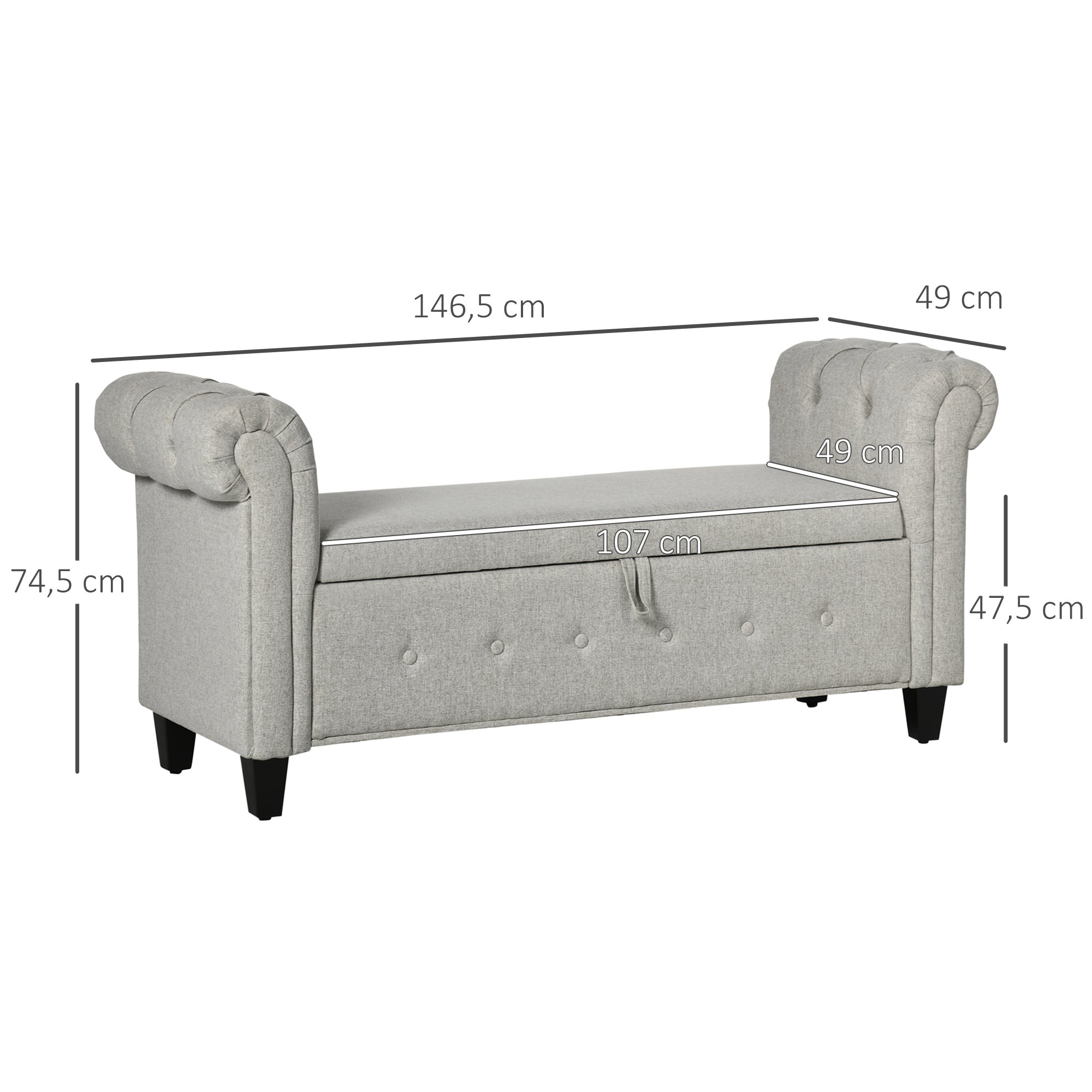 Banco Acolchoado com Armazenamento em Linho 146,5x49x74,5cm - Cinza Claro