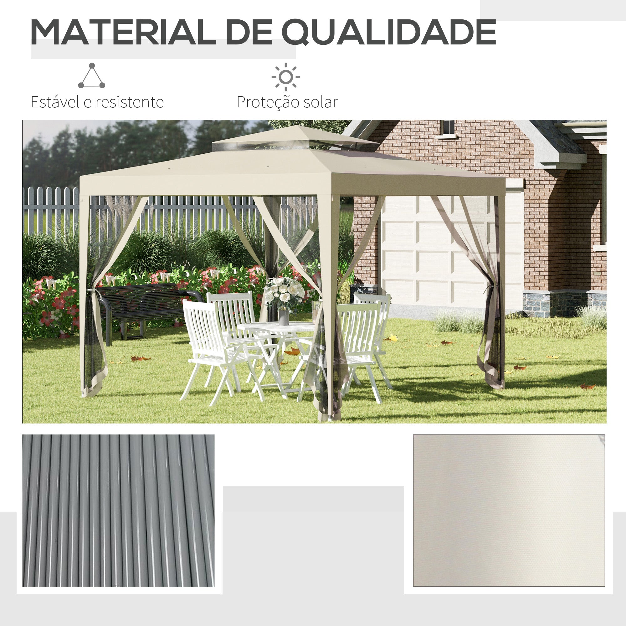Pérgola de Jardim Bege 297x297x268 cm com Cortinas Mosquiteiras Laterais