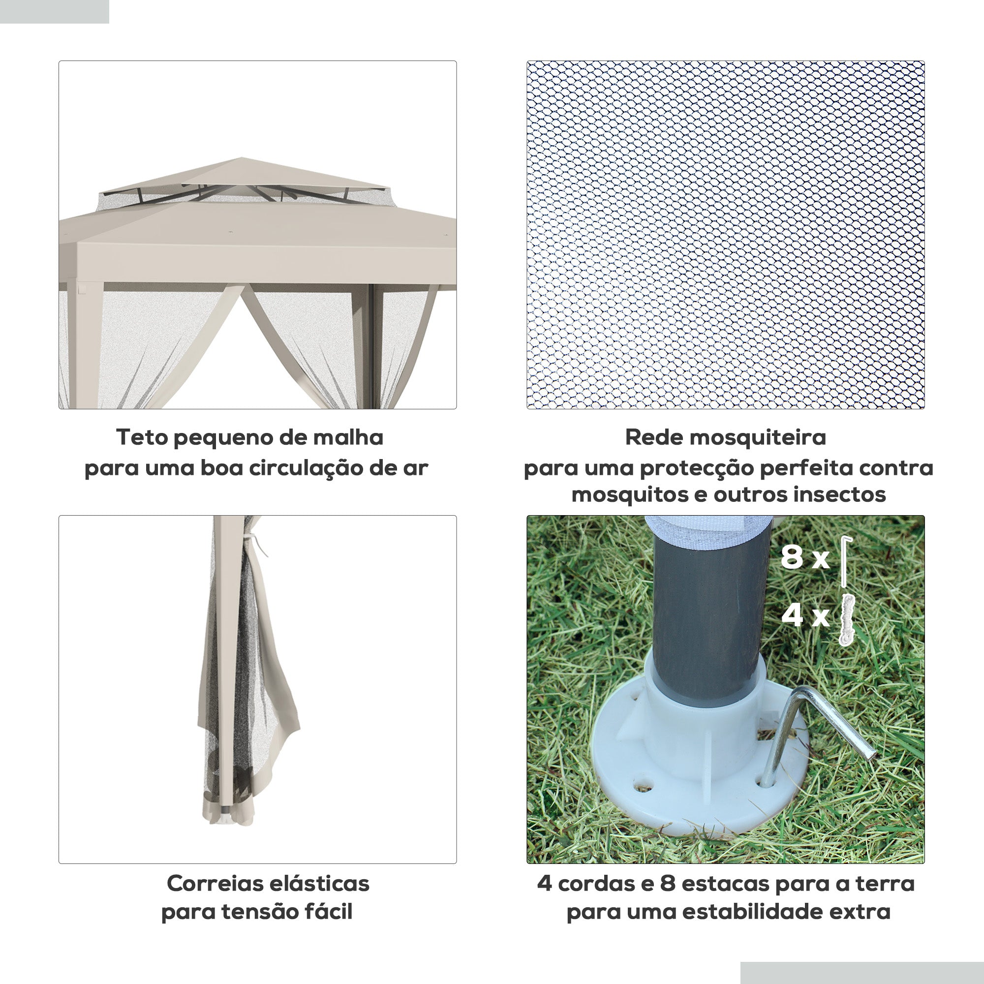 Pérgola de Jardim Bege 297x297x268 cm com Cortinas Mosquiteiras Laterais