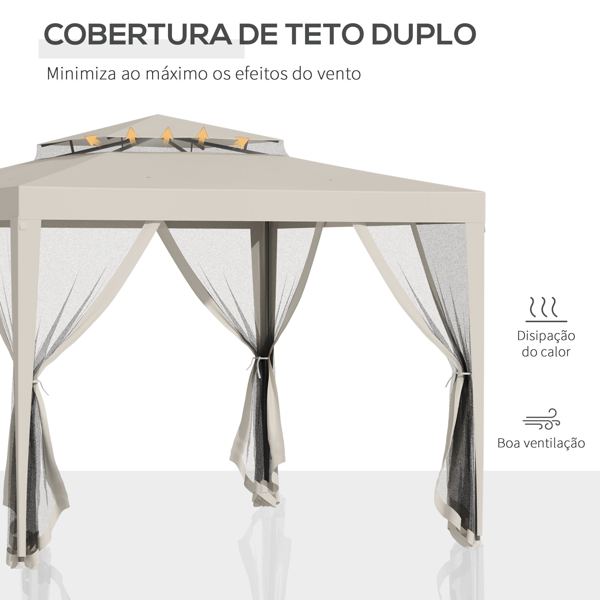 Pérgola de Jardim Bege 297x297x268 cm com Cortinas Mosquiteiras Laterais