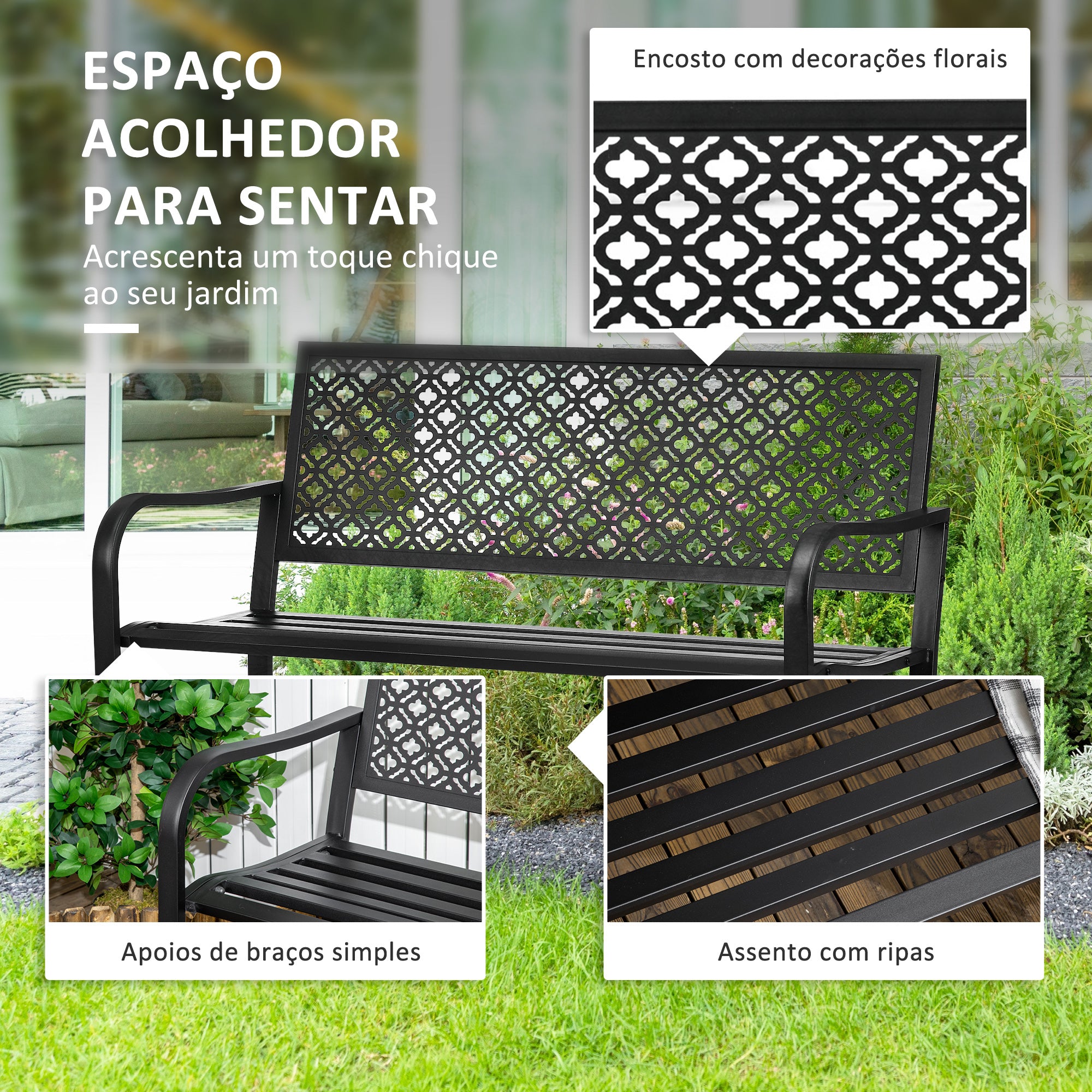 Banco de Jardim 2 Lugares Preto 127x63x83cm - Elegância e Conforto para o seu Espaço Exterior