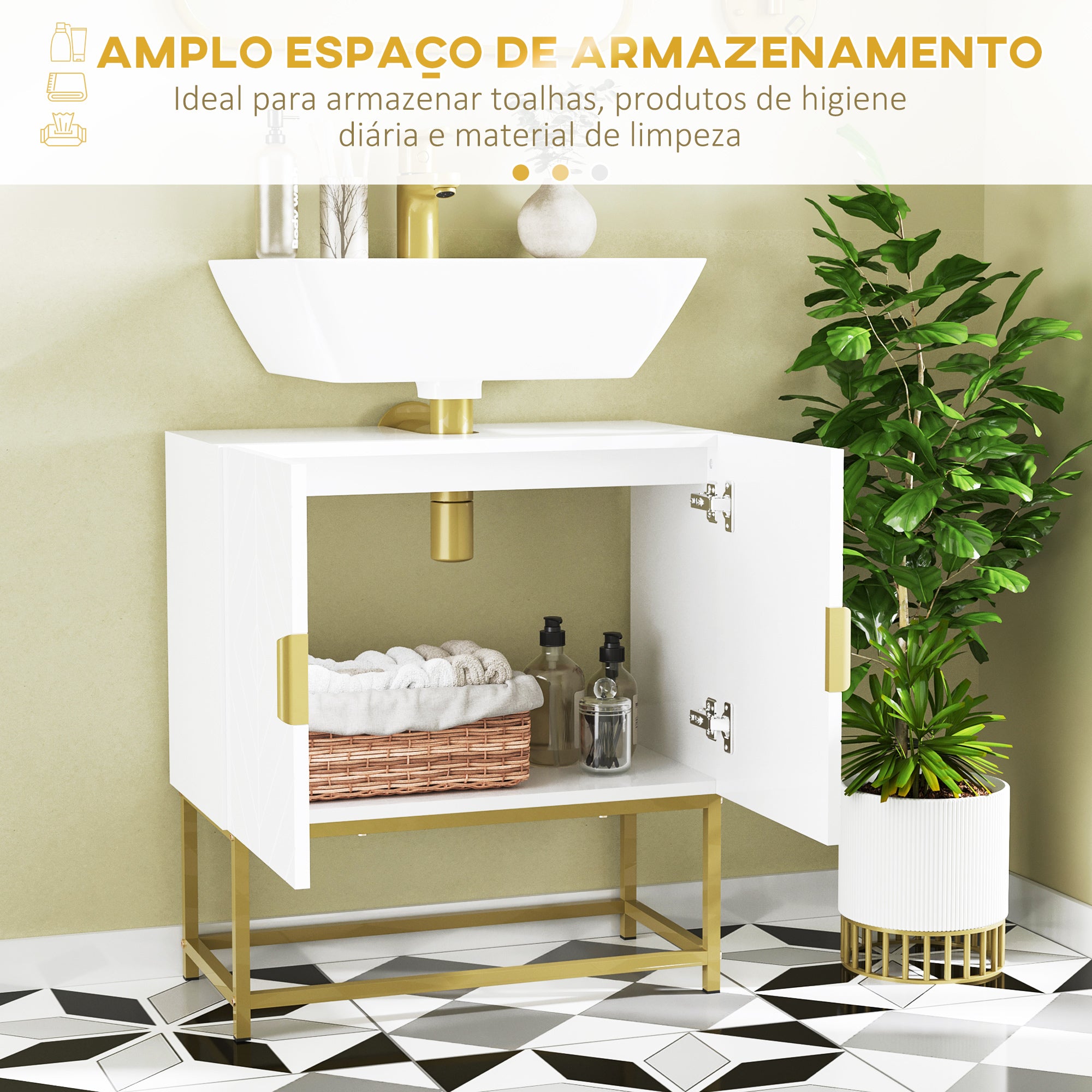 Armário para Casa de Banho Moderno 60x30x65 cm Branco e Dourado
