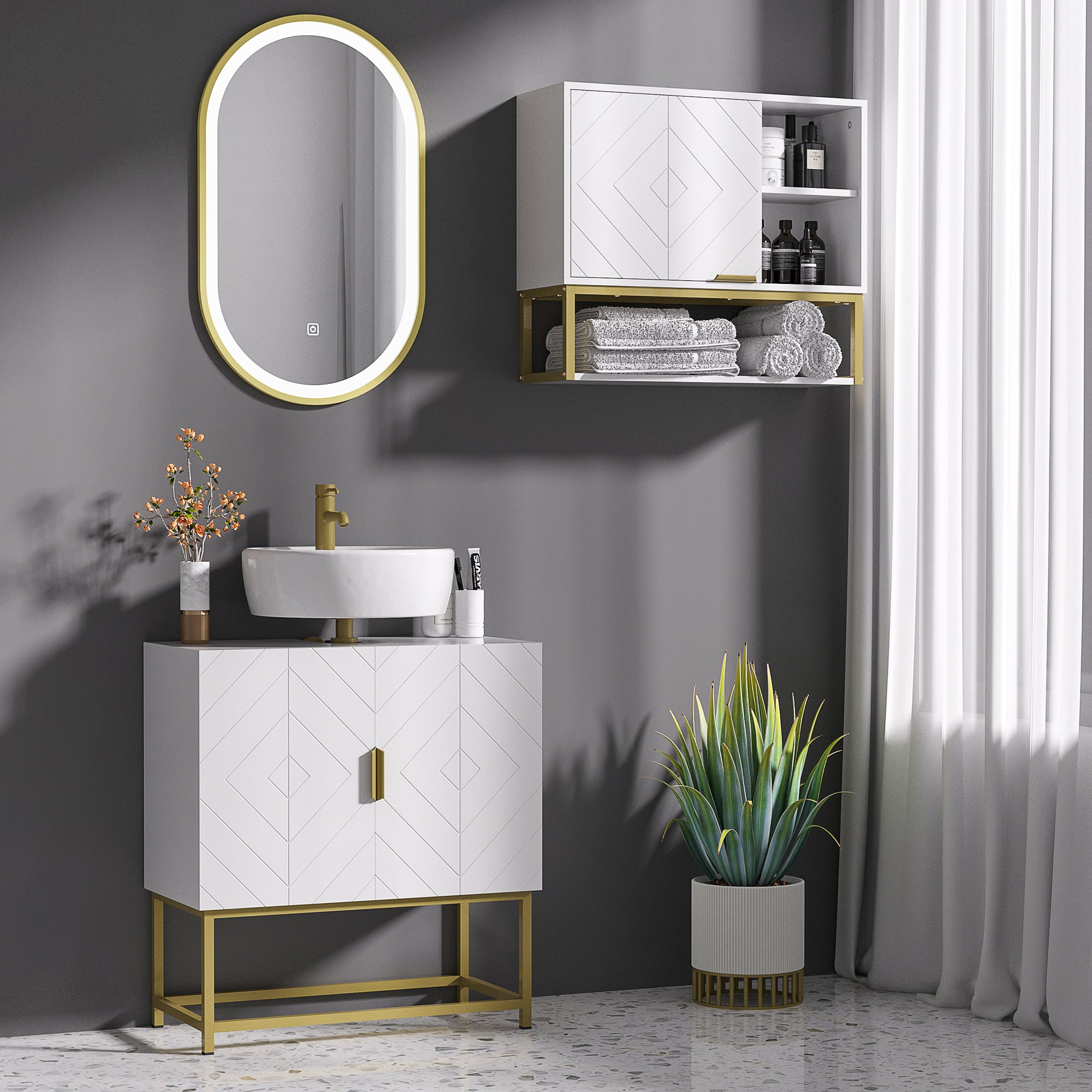 Armário para Casa de Banho Moderno 60x30x65 cm Branco e Dourado