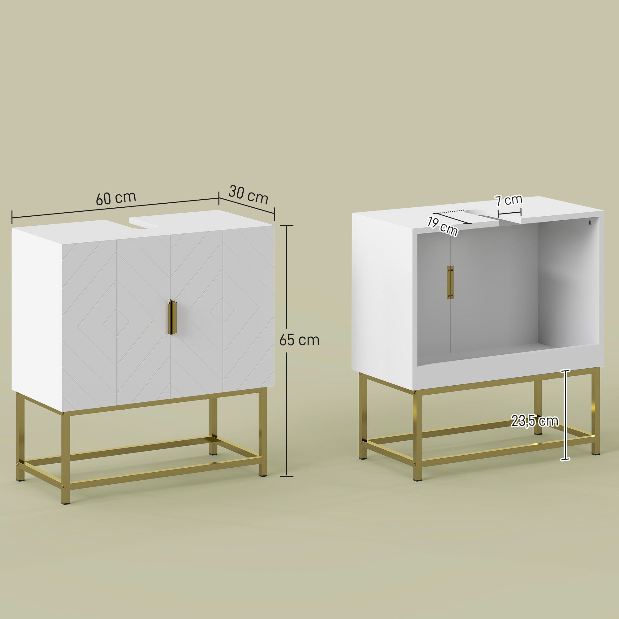Armário para Casa de Banho Moderno 60x30x65 cm Branco e Dourado