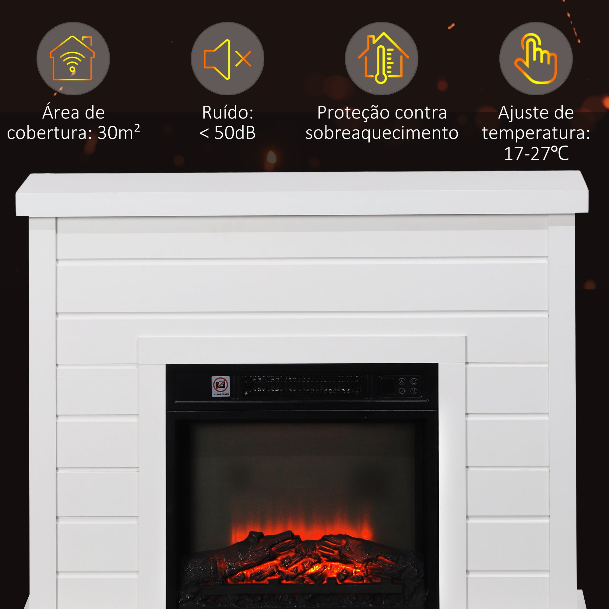 Lareira Elétrica – 96,5x22x81,7 cm – Branco – Melamina de madeira, metal e vidro temperado