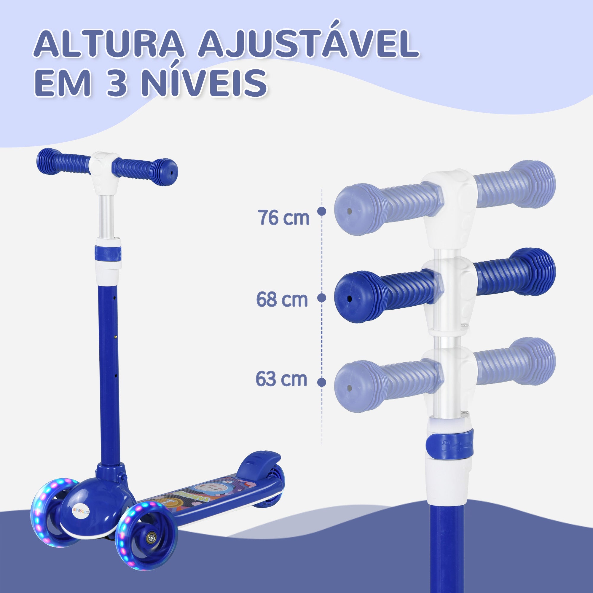 Trotinete Infantil Dobrável com Rodas LED Azul 52x29x63-76 cm