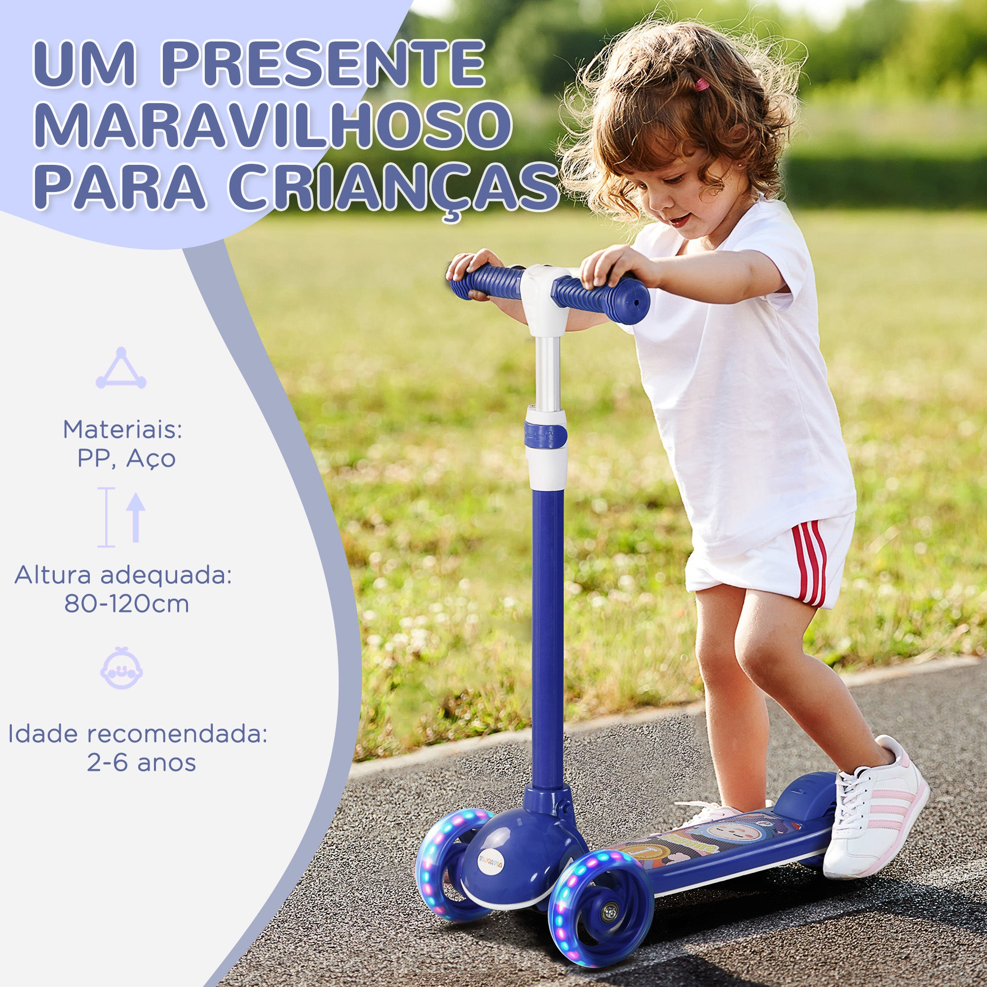 Trotinete Infantil Dobrável com Rodas LED Azul 52x29x63-76 cm