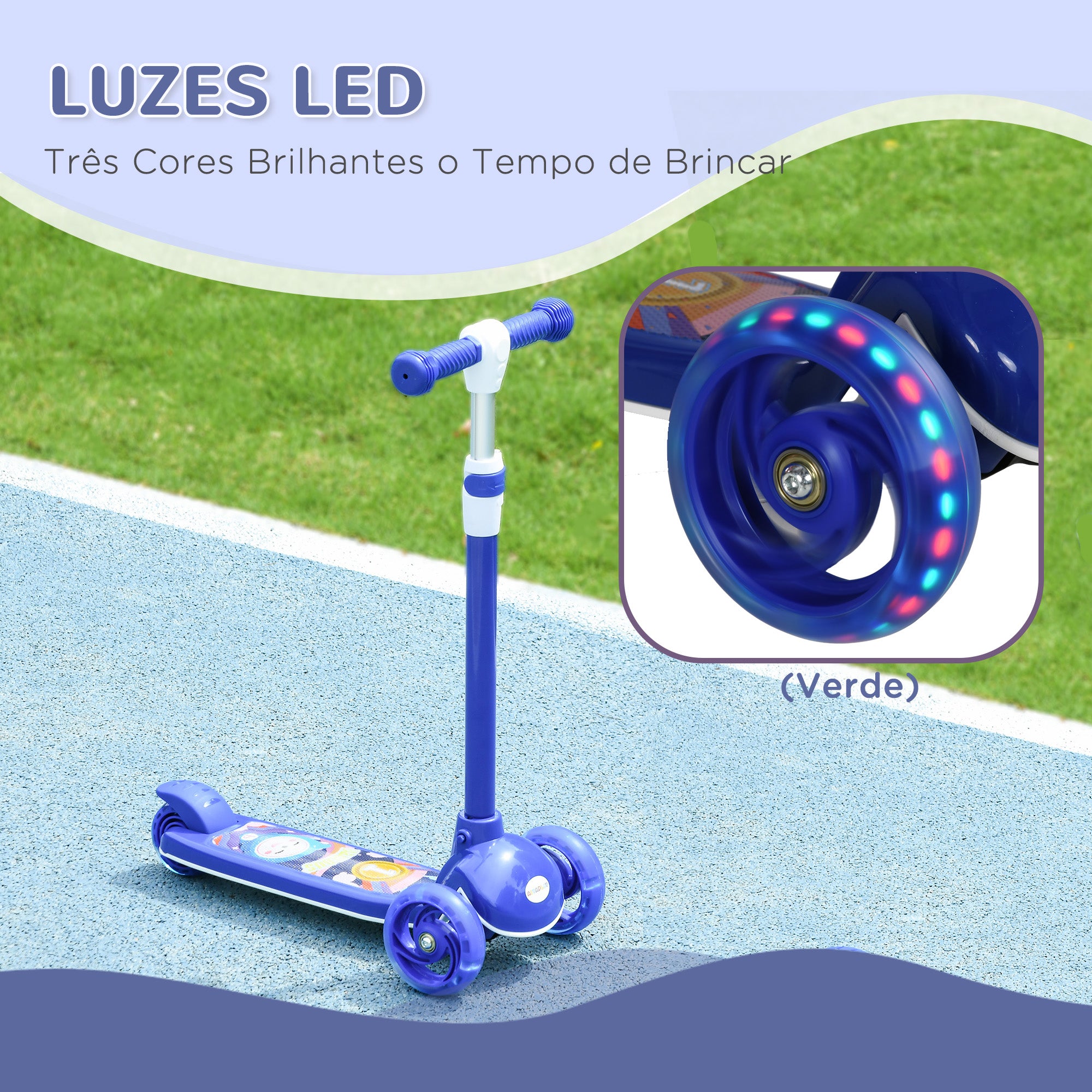 Trotinete Infantil Dobrável com Rodas LED Azul 52x29x63-76 cm