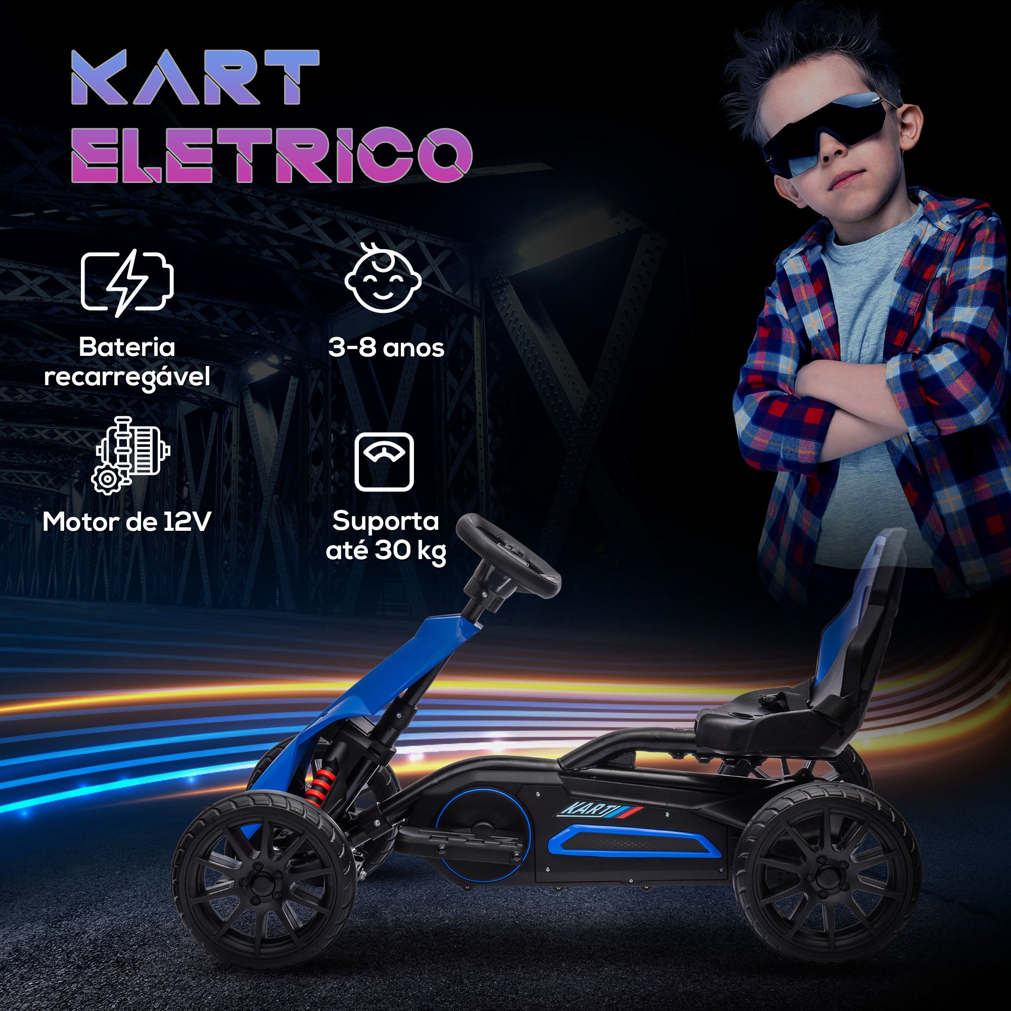 Kart Elétrico Infantil – 100x58x58,5 cm – Azul – Polipropileno, metal e EVA