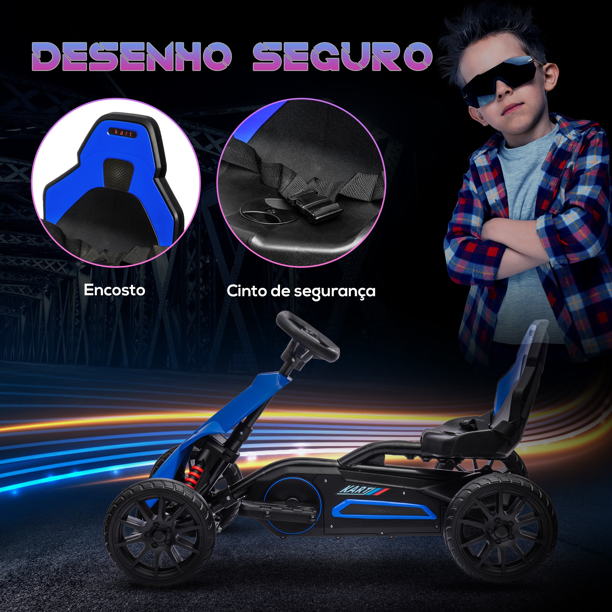 Kart Elétrico Infantil – 100x58x58,5 cm – Azul – Polipropileno, metal e EVA