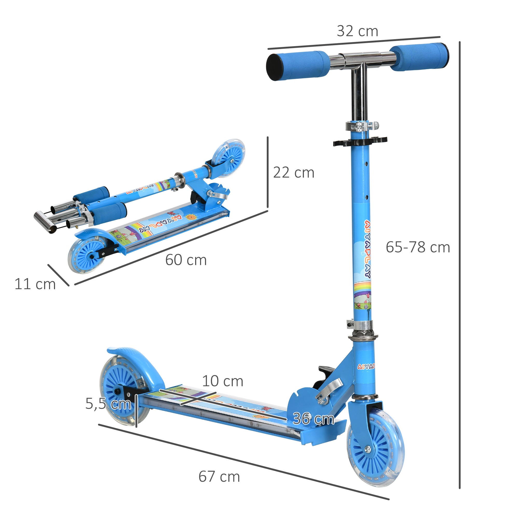 Trotinete Infantil com Luzes e Música – 67x32x65-78 cm – Azul – Estrutura metálica