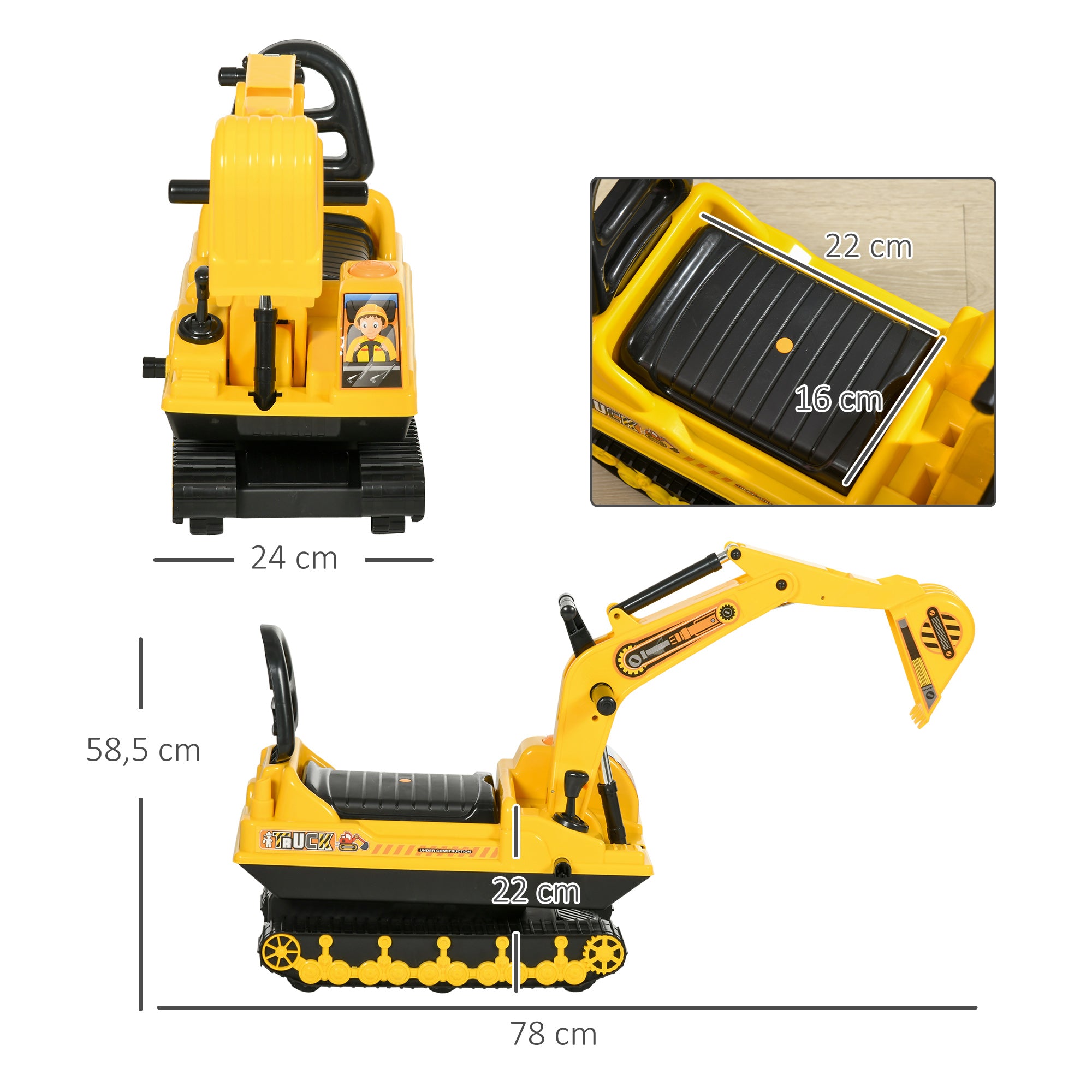 Carro Escavadora Sem Pedais – 78x24x58,5 cm – Amarelo – Polipropileno e ABS
