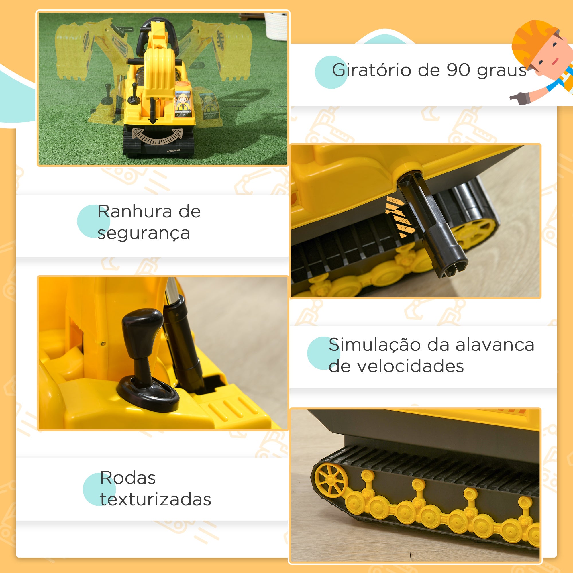 Carro Escavadora Sem Pedais – 78x24x58,5 cm – Amarelo – Polipropileno e ABS