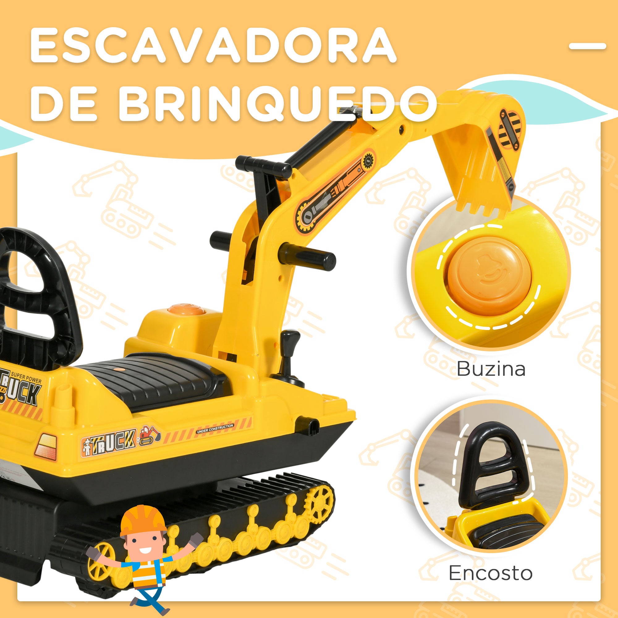 Carro Escavadora Sem Pedais – 78x24x58,5 cm – Amarelo – Polipropileno e ABS