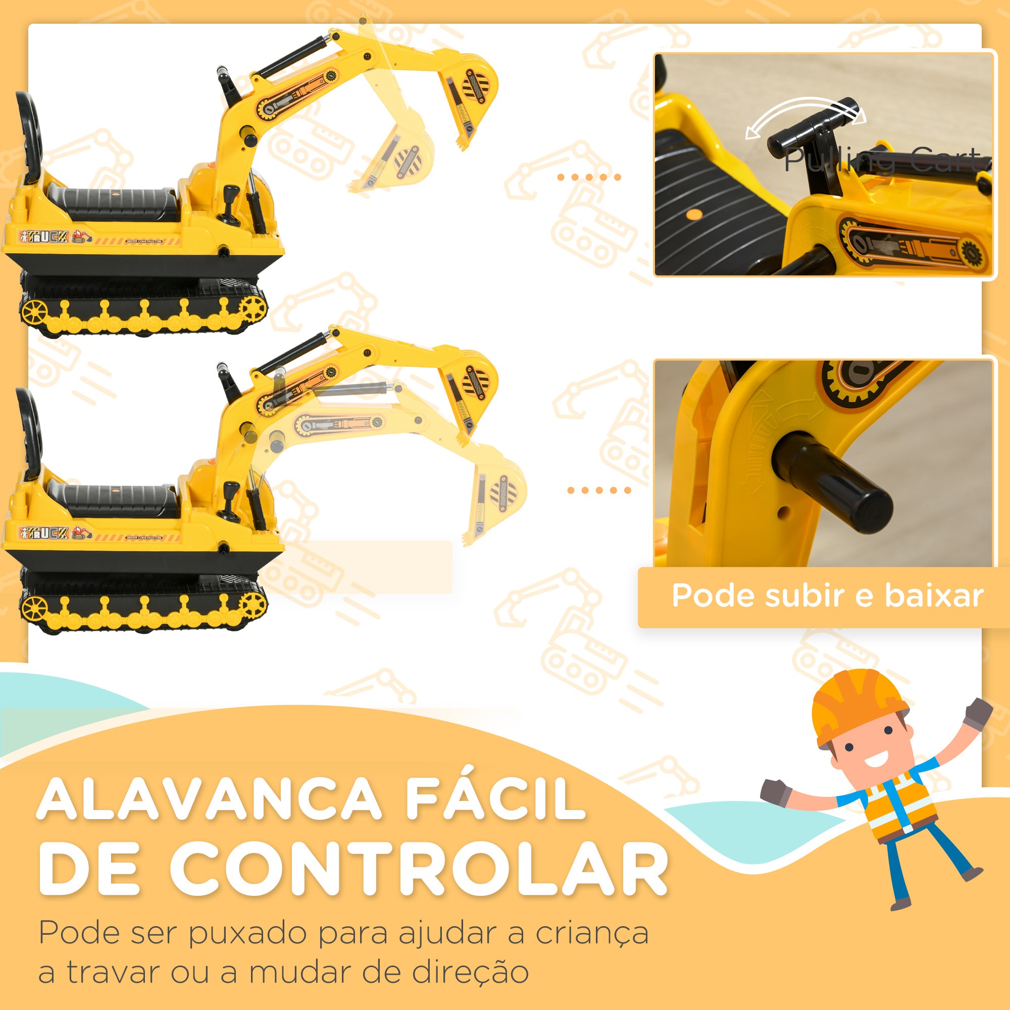 Carro Escavadora Sem Pedais – 78x24x58,5 cm – Amarelo – Polipropileno e ABS