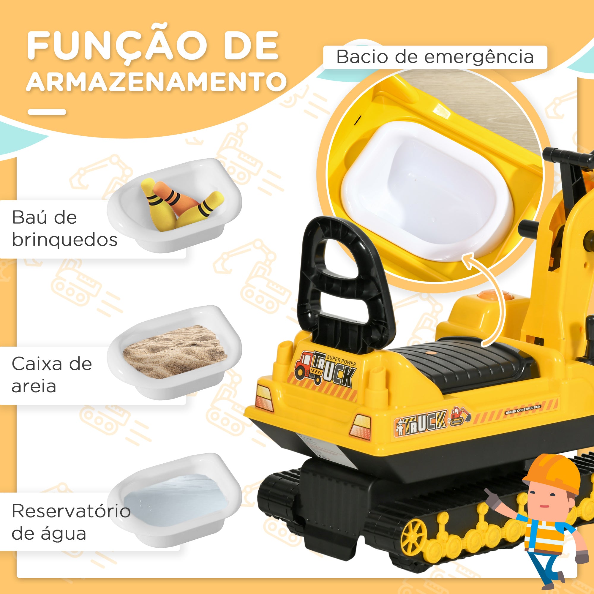 Carro Escavadora Sem Pedais – 78x24x58,5 cm – Amarelo – Polipropileno e ABS