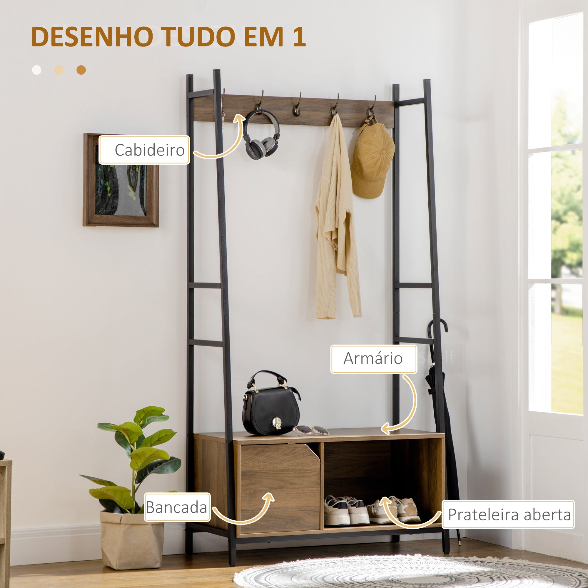 Móvel Cabide de Entrada com Sapateiro e Banco 84x40x169cm - Castanho Rústico