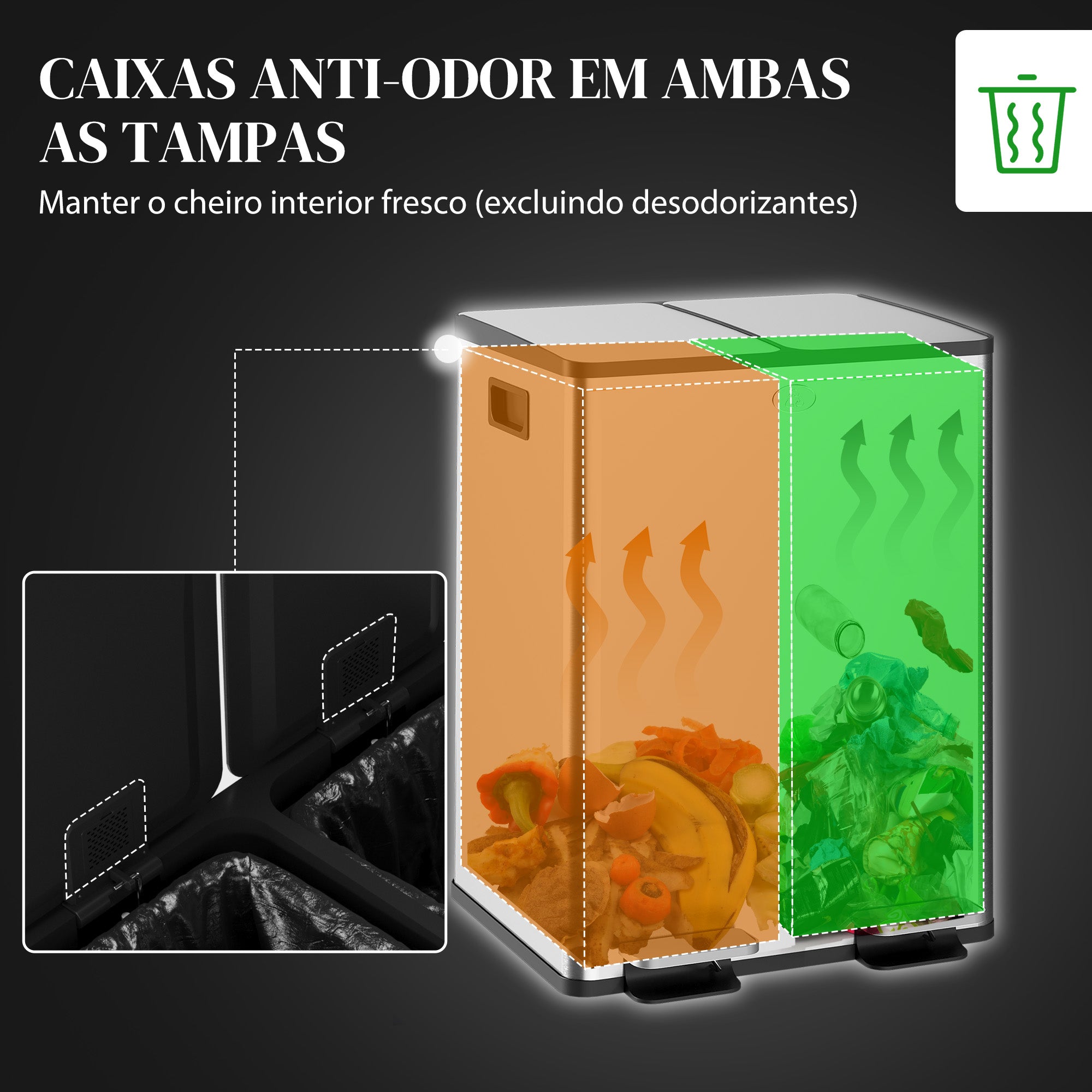 Balde de Lixo de Cozinha 2 Compartimentos 2x20L Aço Inoxidável Prata 41,7x36,6x56,7 cm