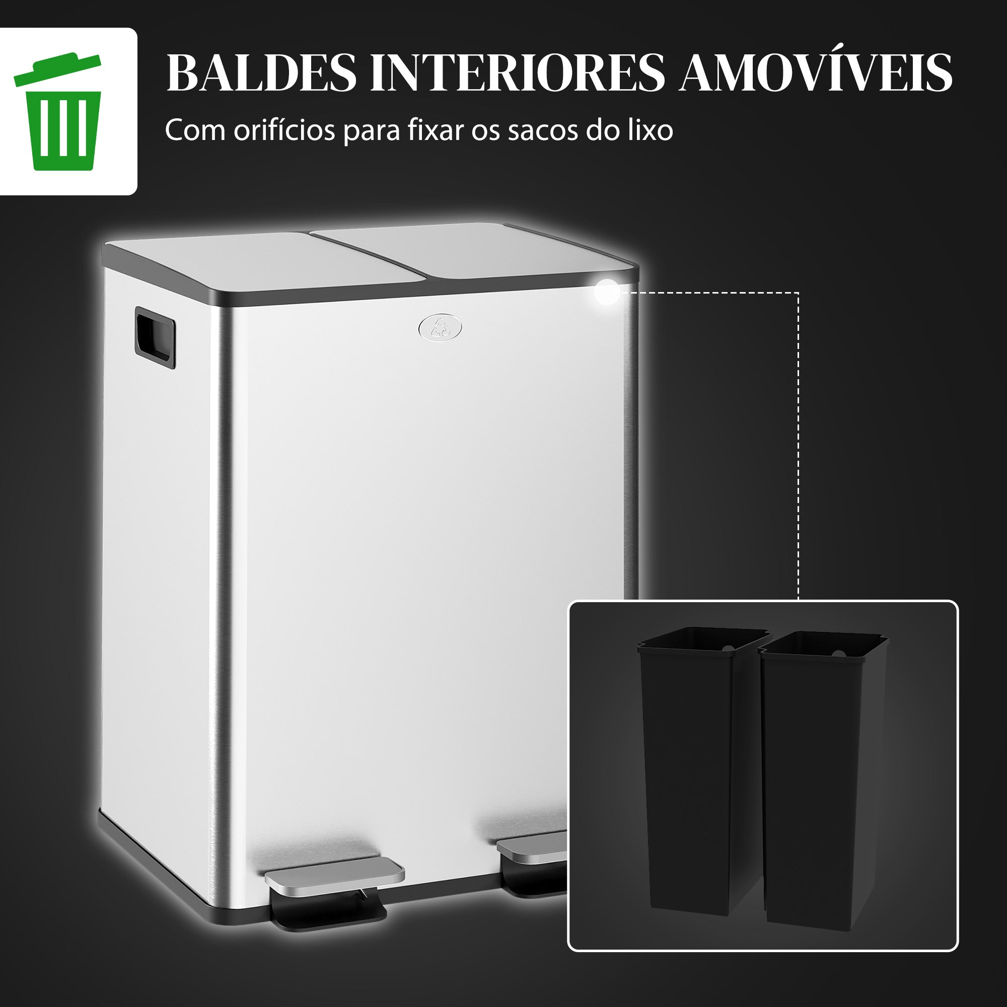 Balde de Lixo de Cozinha 2 Compartimentos 2x20L Aço Inoxidável Prata 41,7x36,6x56,7 cm
