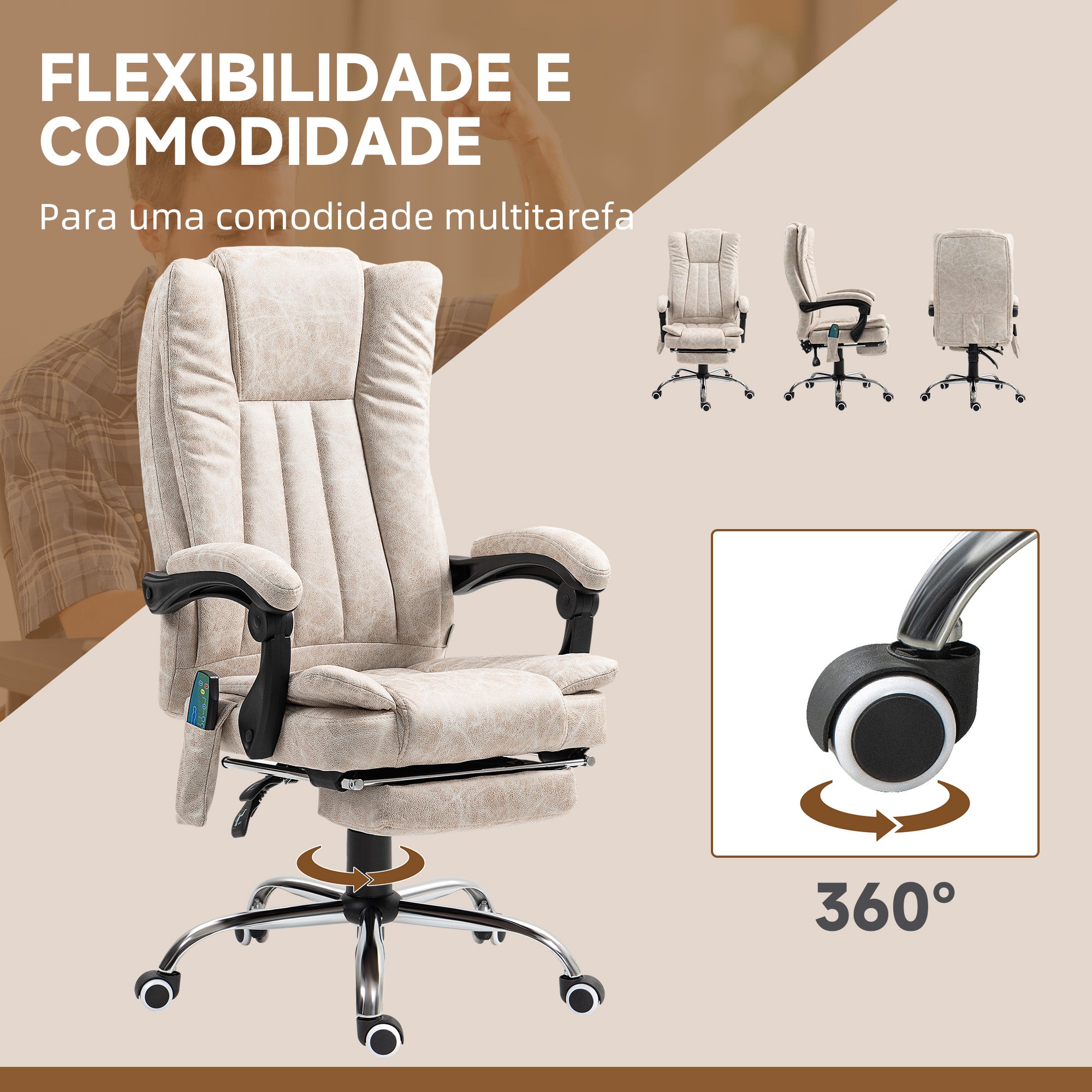 Cadeira de Massagem com 6 Pontos de Massagem e Função de Aquecimento - Creme Branco (62x67x113-120 cm)
