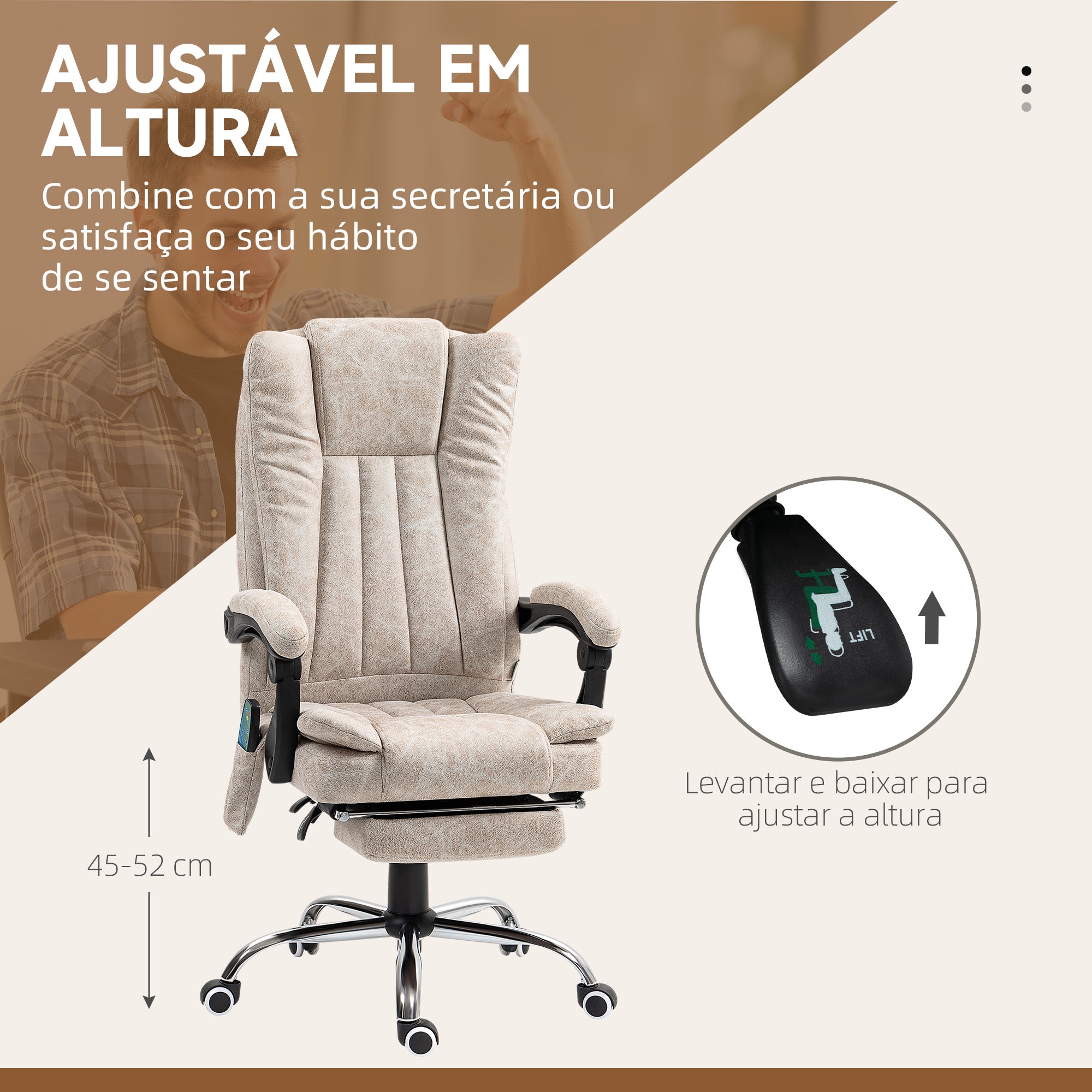 Cadeira de Massagem com 6 Pontos de Massagem e Função de Aquecimento - Creme Branco (62x67x113-120 cm)