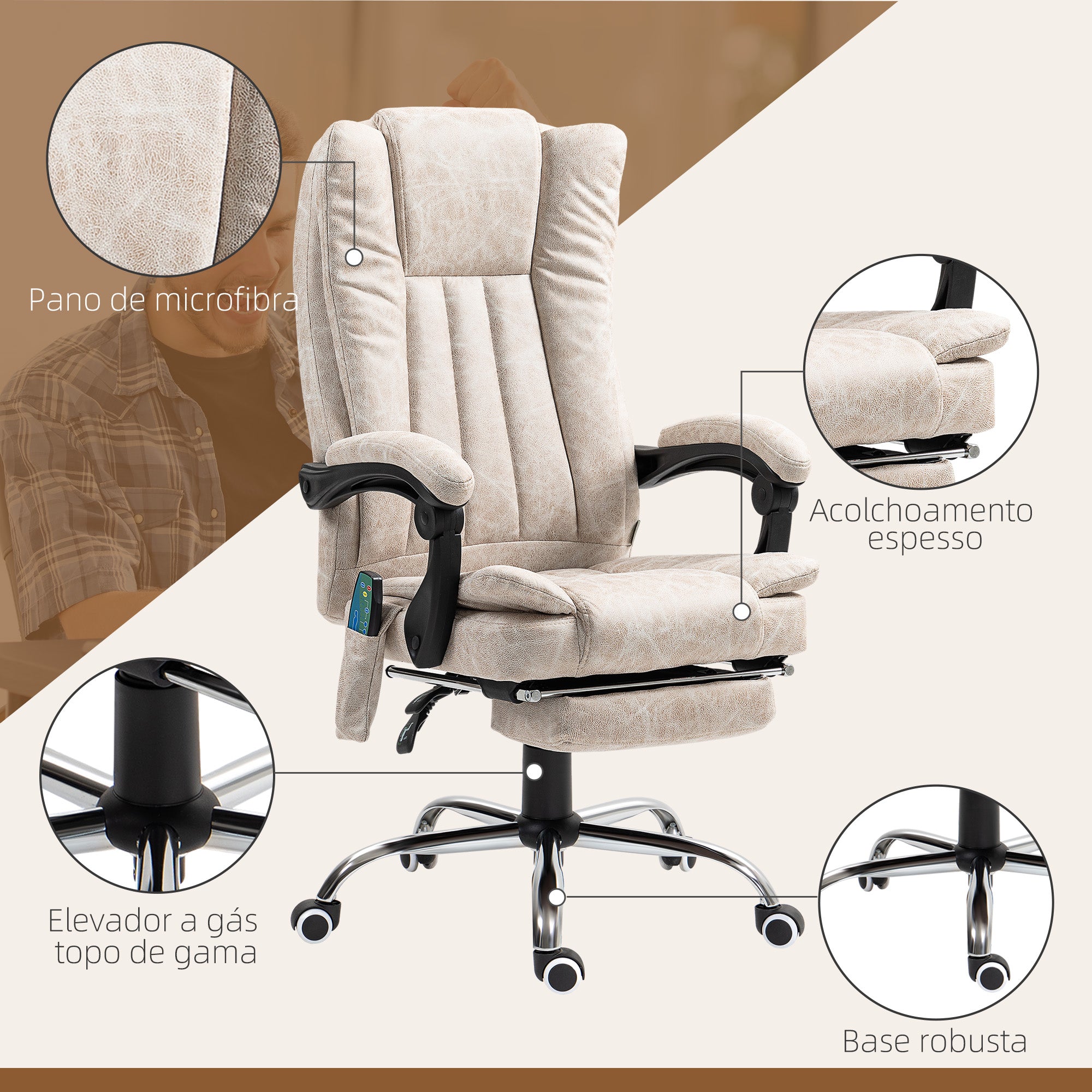 Cadeira de Massagem com 6 Pontos de Massagem e Função de Aquecimento - Creme Branco (62x67x113-120 cm)