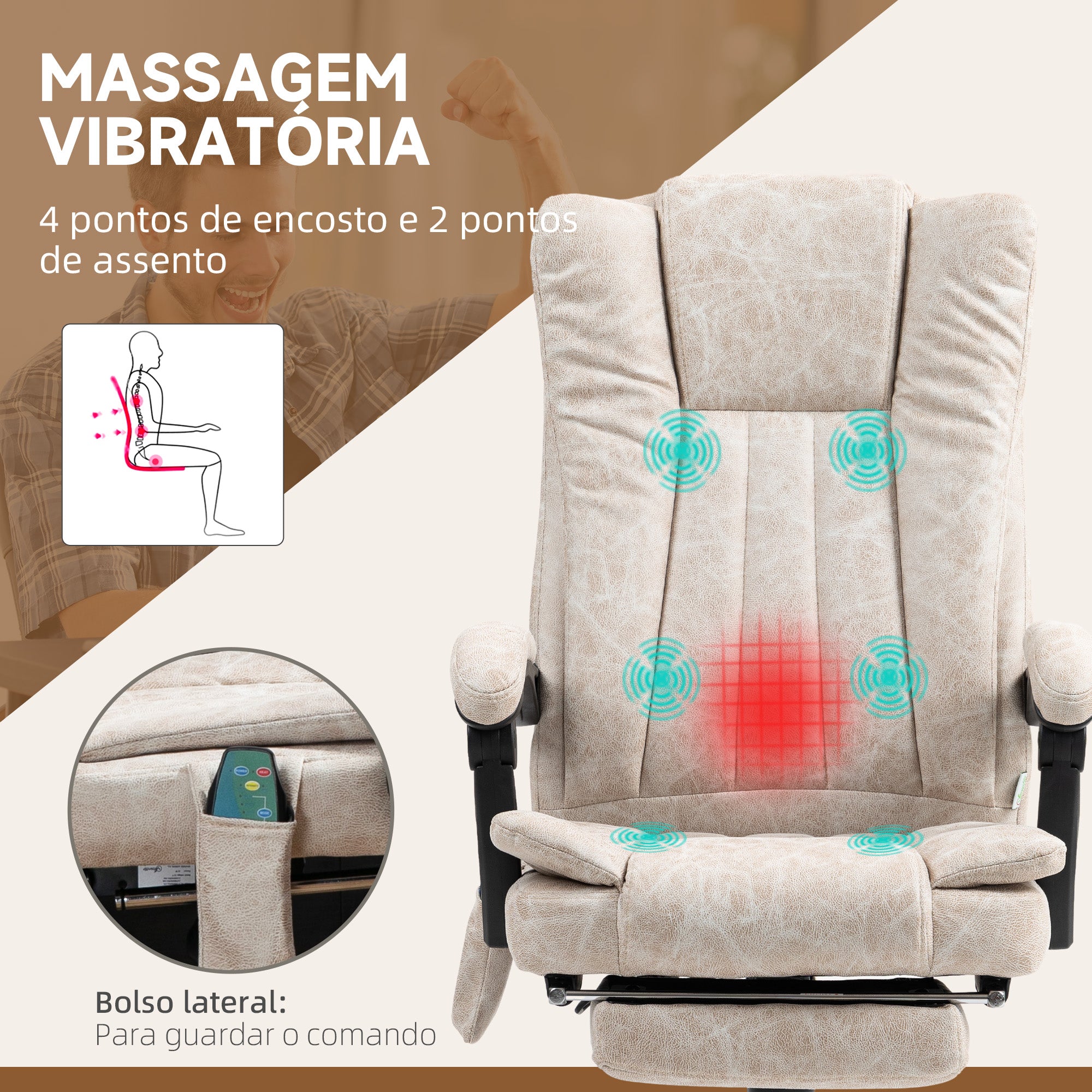 Cadeira de Massagem com 6 Pontos de Massagem e Função de Aquecimento - Creme Branco (62x67x113-120 cm)