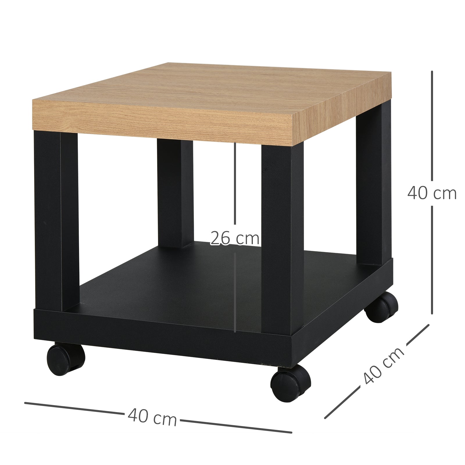 Mesa Auxiliar com Rodas 40x40x40 cm - Preto e Madeira