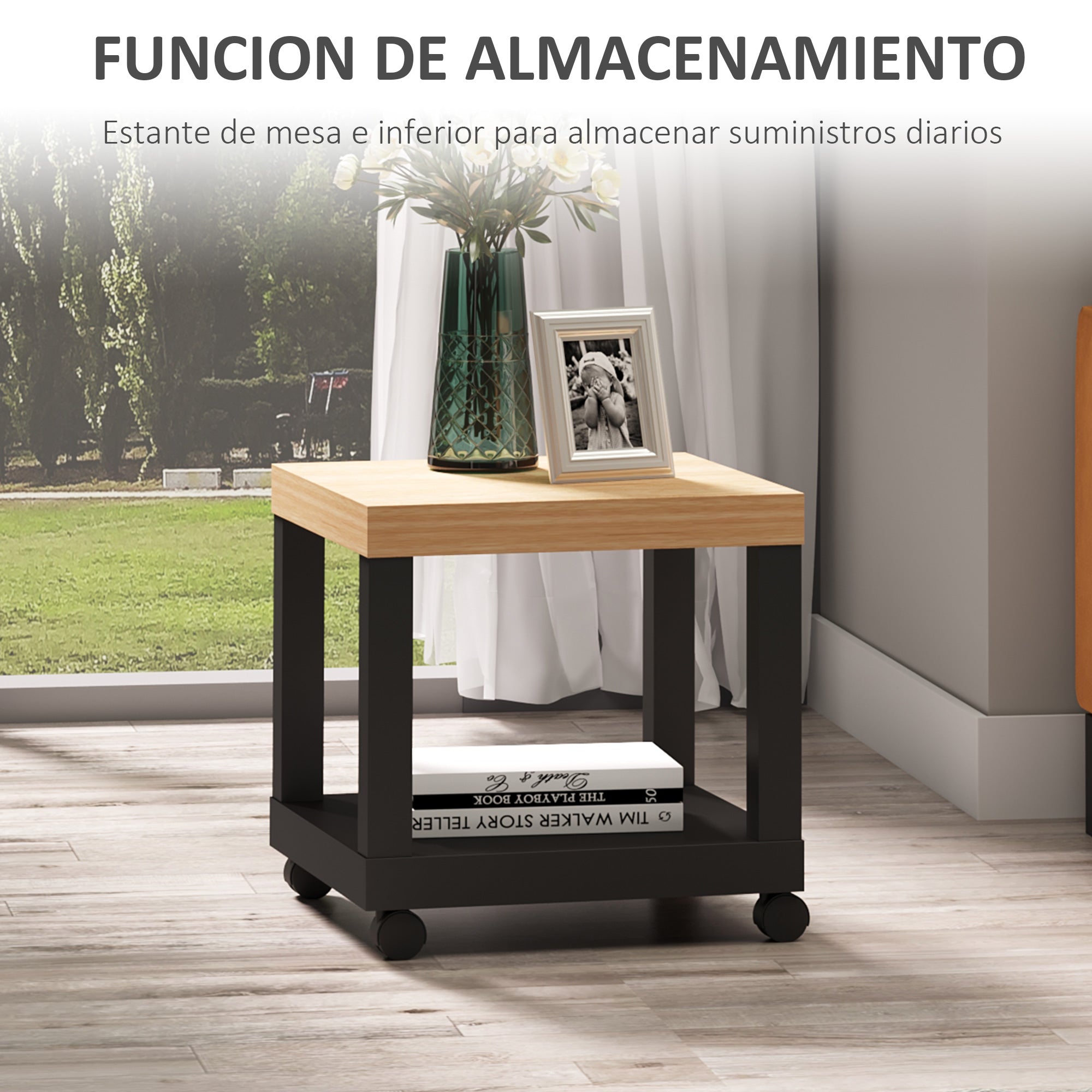 Mesa Auxiliar com Rodas 40x40x40 cm - Preto e Madeira