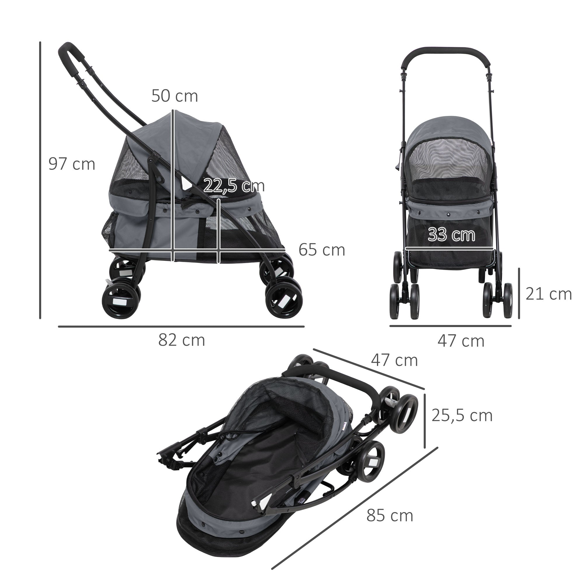 Carrinho para Animais de Estimação Dobrável – 82x47x97cm – Cinza – Aço e Tecido Oxford 600D