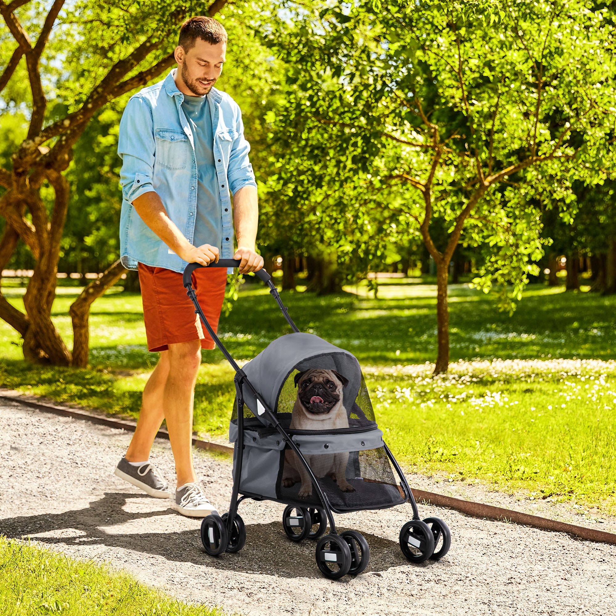 Carrinho para Animais de Estimação Dobrável – 82x47x97cm – Cinza – Aço e Tecido Oxford 600D
