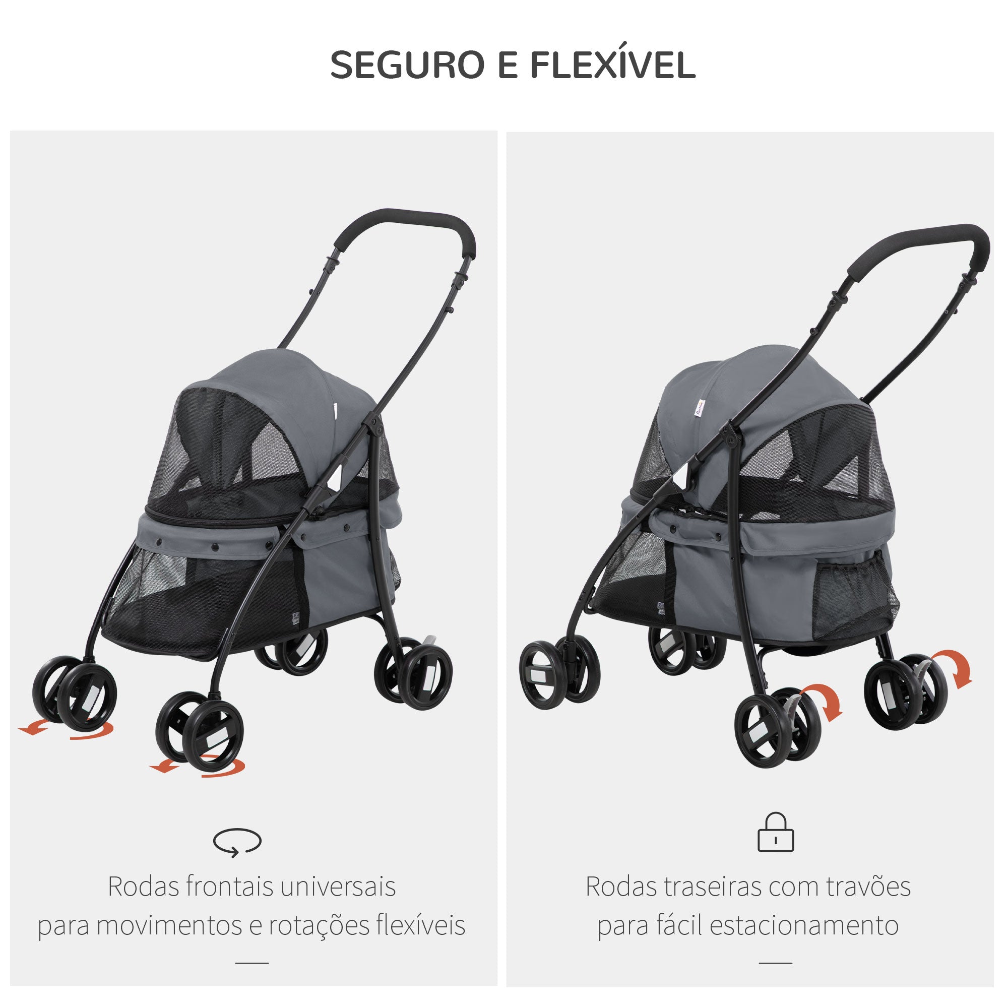 Carrinho para Animais de Estimação Dobrável – 82x47x97cm – Cinza – Aço e Tecido Oxford 600D