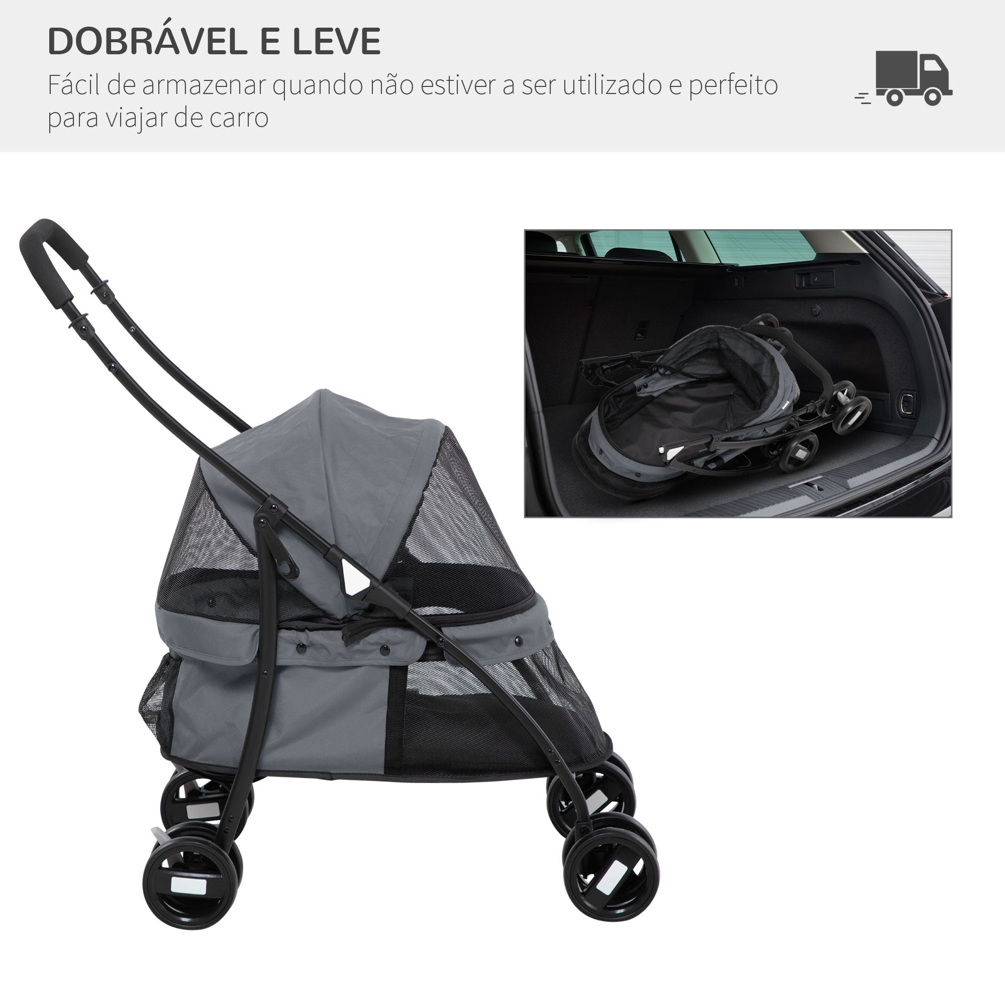 Carrinho para Animais de Estimação Dobrável – 82x47x97cm – Cinza – Aço e Tecido Oxford 600D