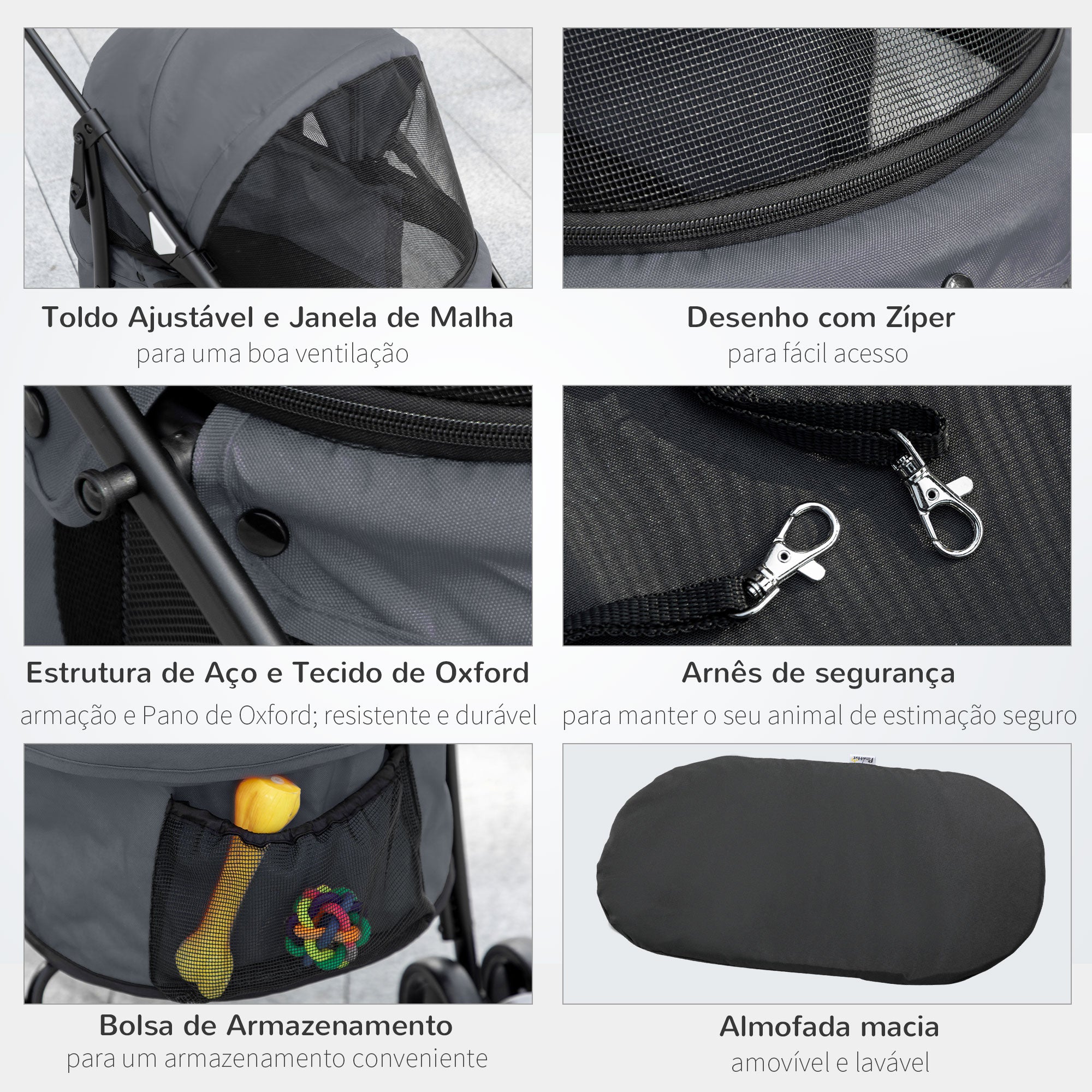 Carrinho para Animais de Estimação Dobrável – 82x47x97cm – Cinza – Aço e Tecido Oxford 600D