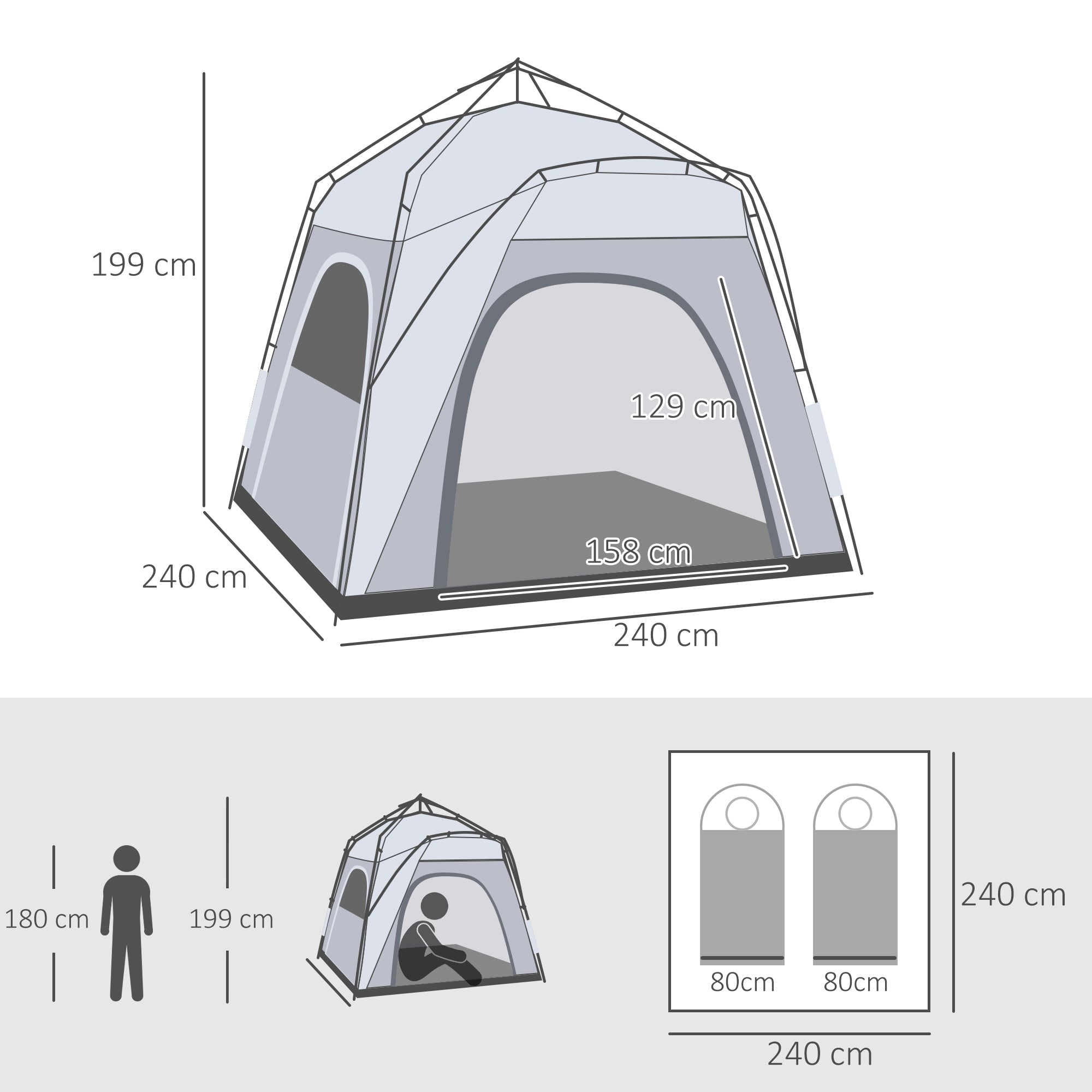 Tenda de Campismo Pop Up 240x240x199 cm Cinza