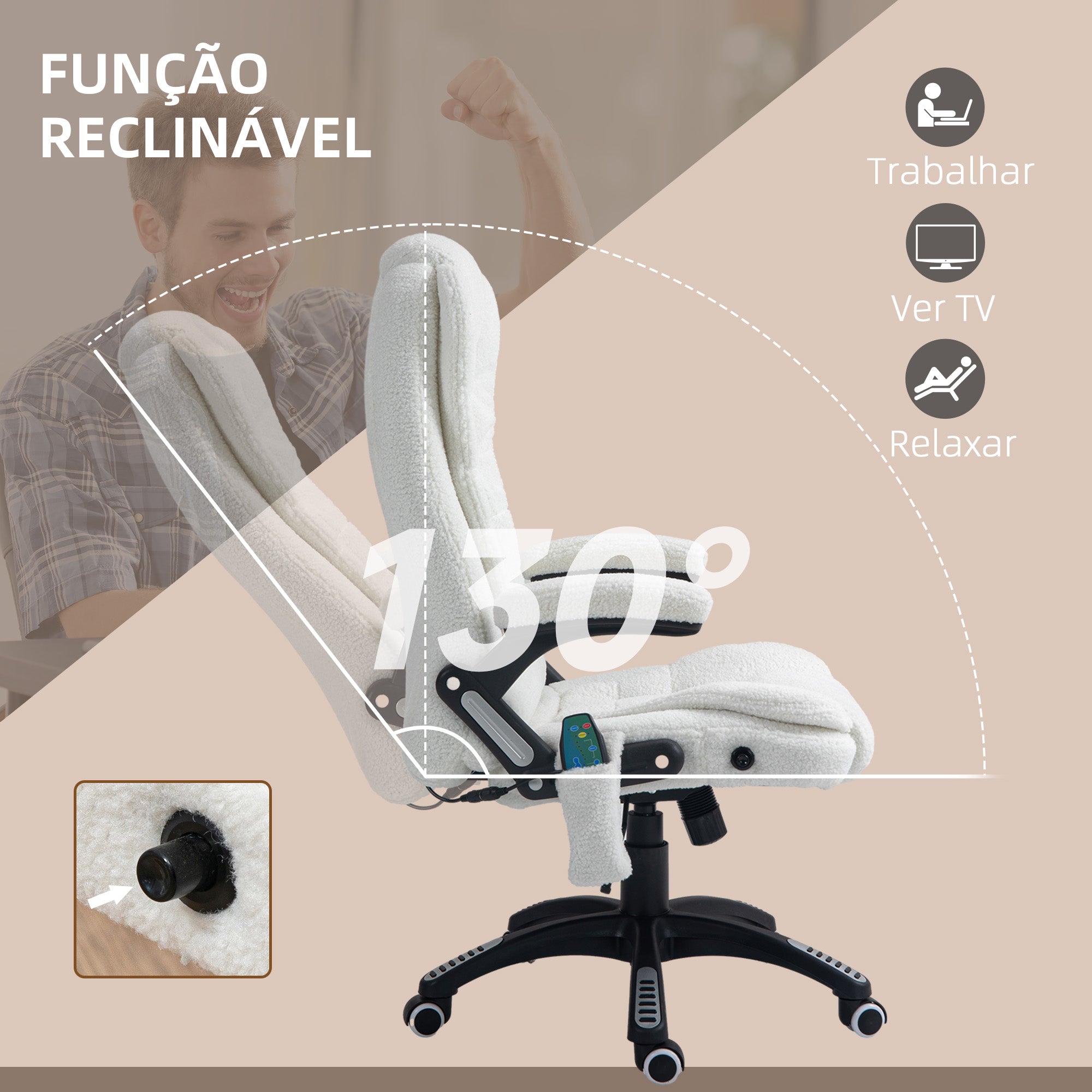 Cadeira de Escritório com Massagem e Aquecimento 67x74x107-116 cm Branco