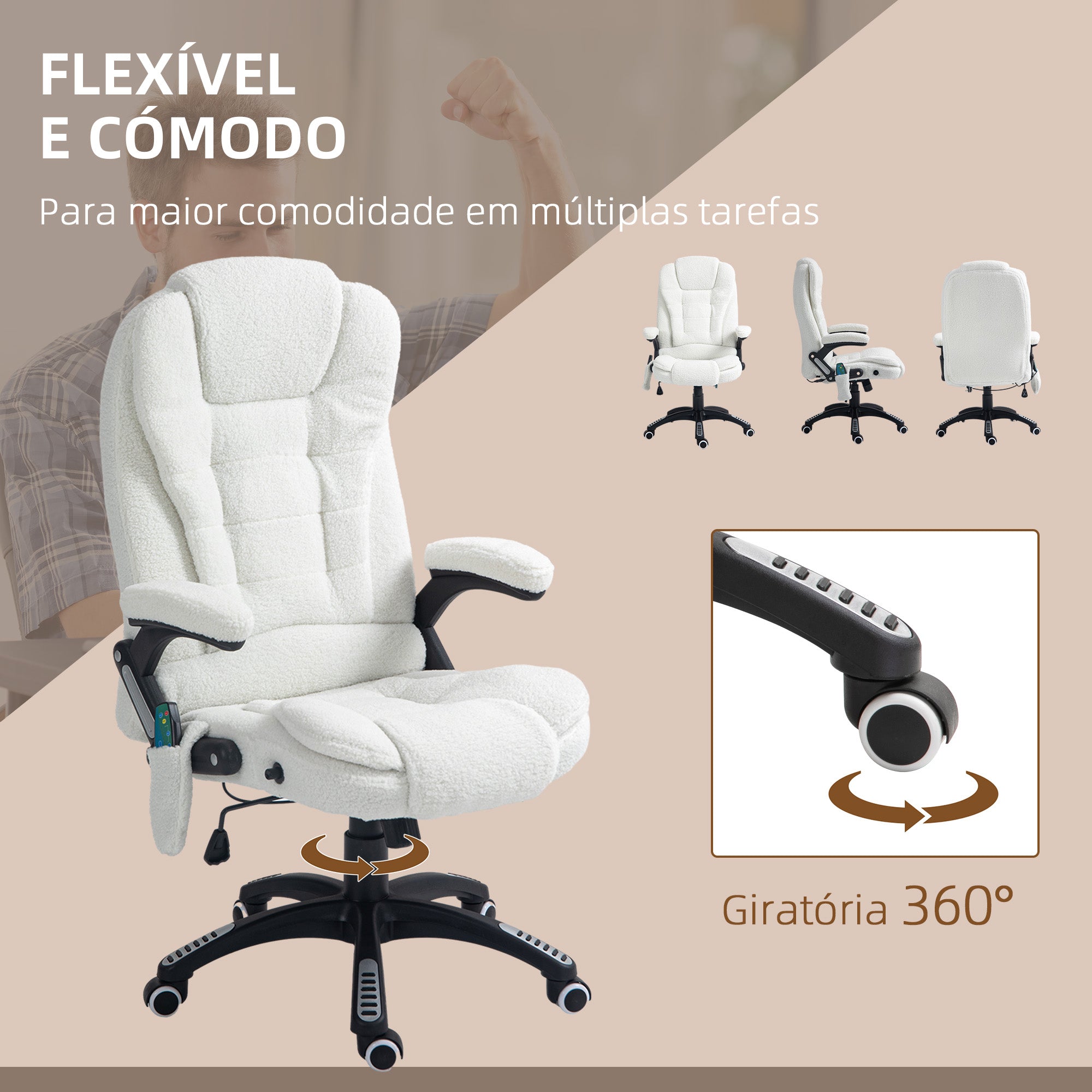 Cadeira de Escritório com Massagem e Aquecimento 67x74x107-116 cm Branco
