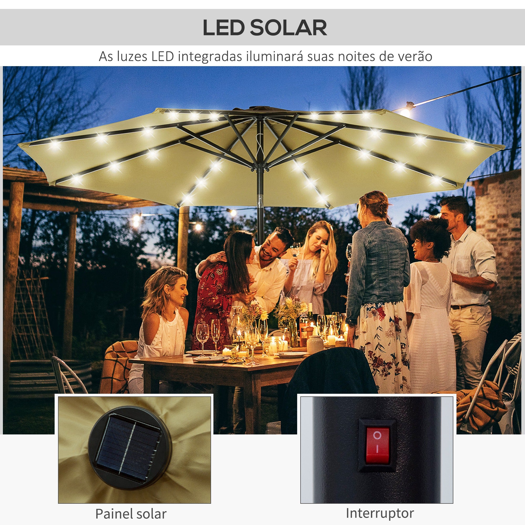 Chapéu de Sol de Jardim Marrom Ø268x238cm com Luzes LED