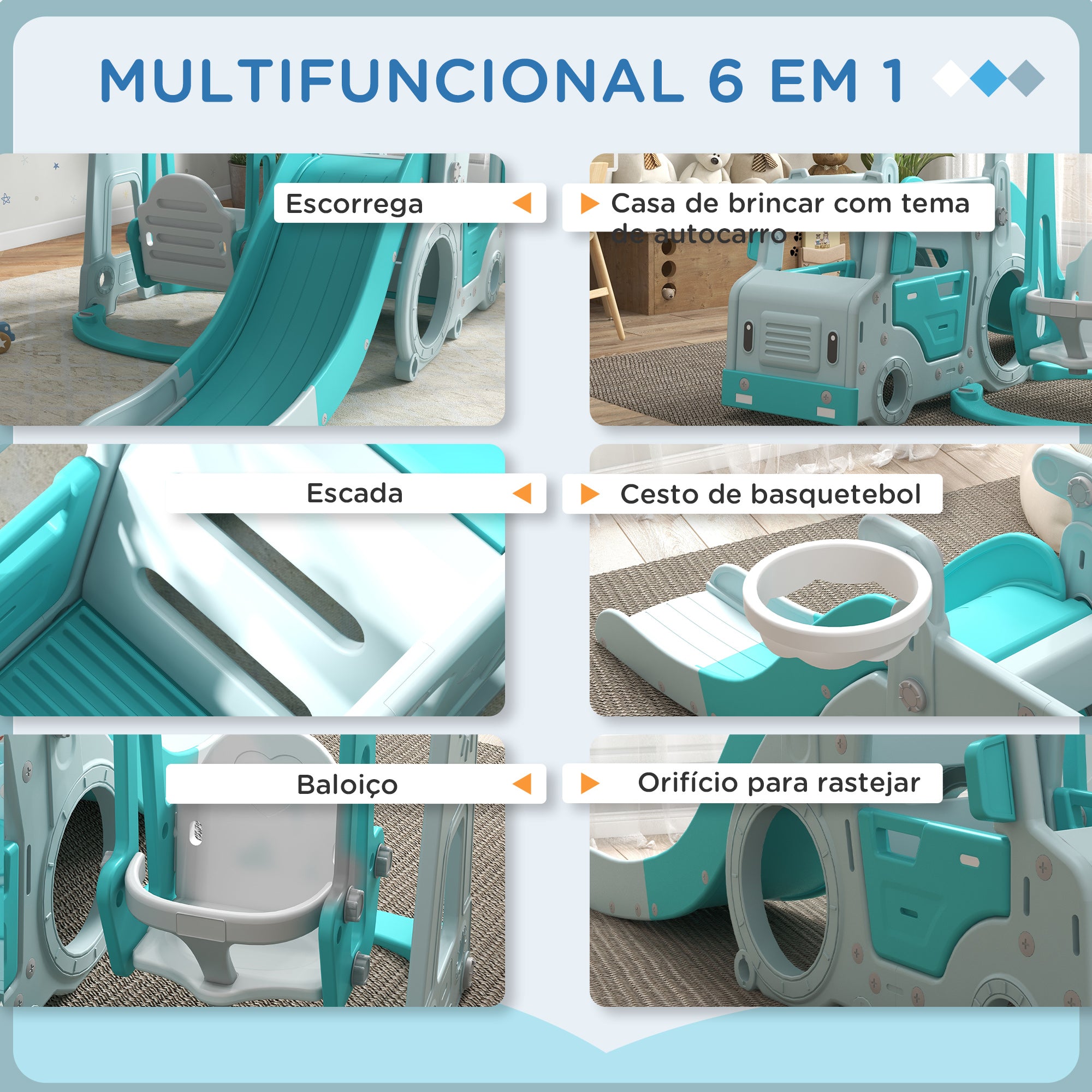Conjunto de Escorrega e Baloiço para Crianças 6 em 1 Azul 201x151x87,5 cm