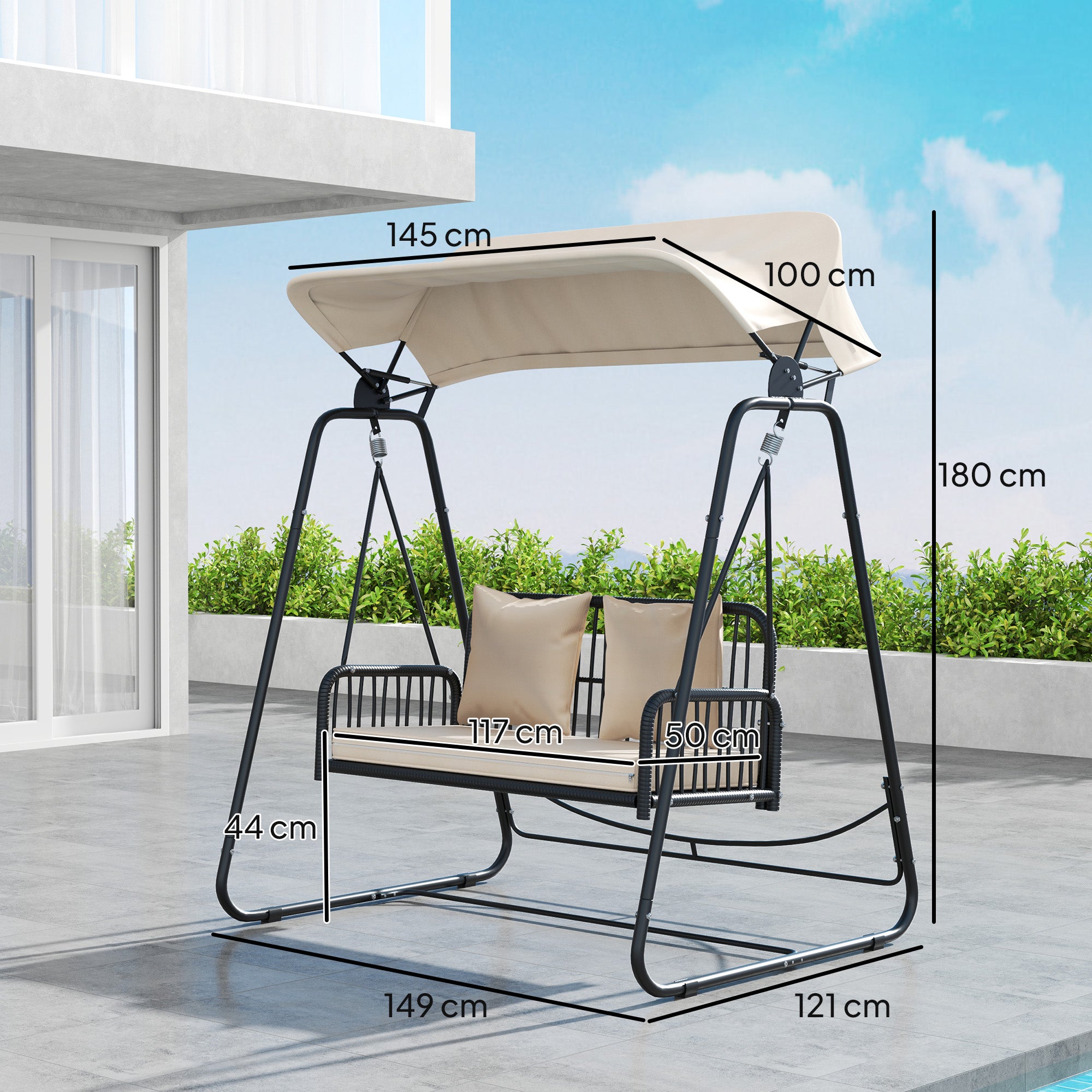 Baloiço de Jardim 2 Lugares com Toldo Retrátil 149x121x180 cm - Preto e Caqui