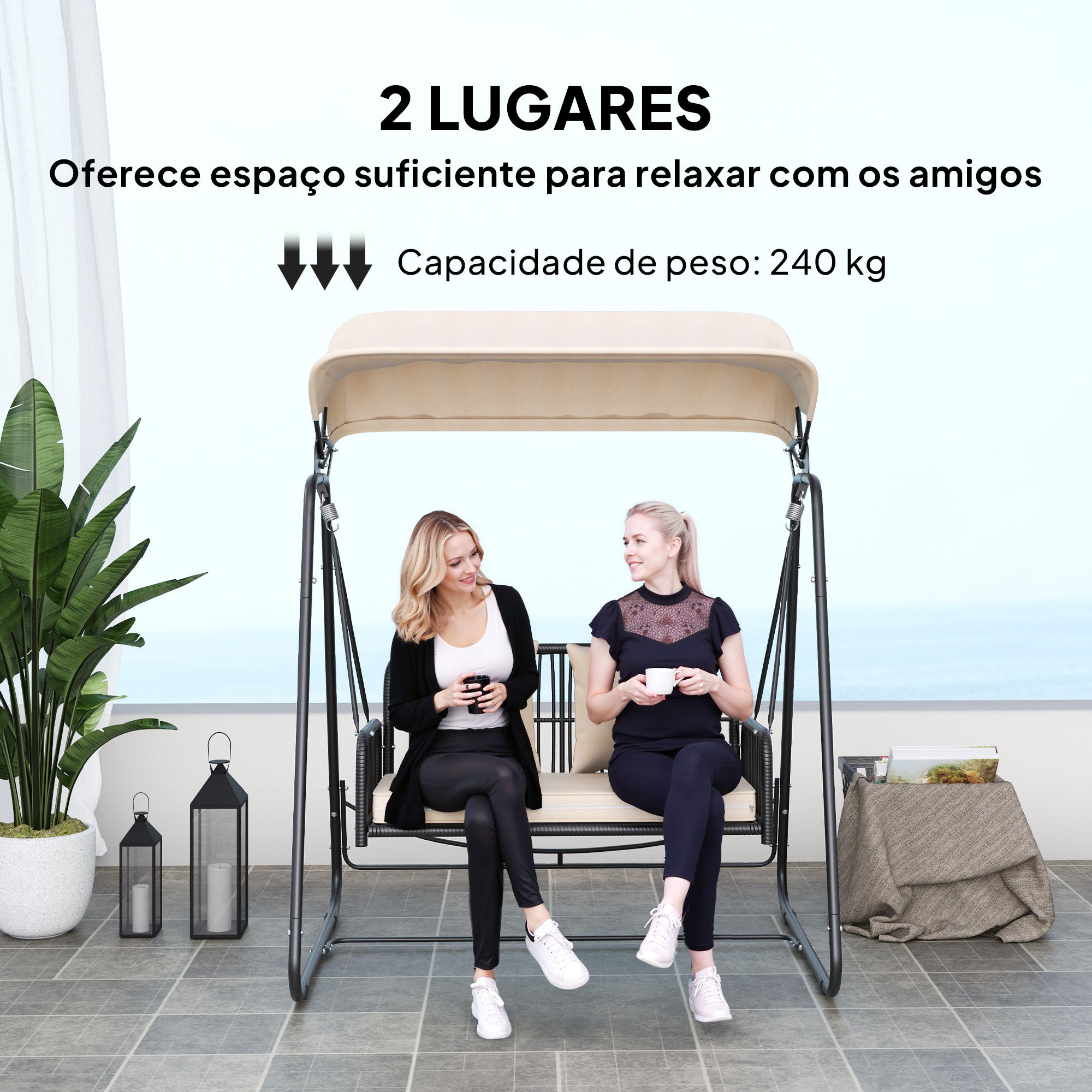 Baloiço de Jardim 2 Lugares com Toldo Retrátil 149x121x180 cm - Preto e Caqui