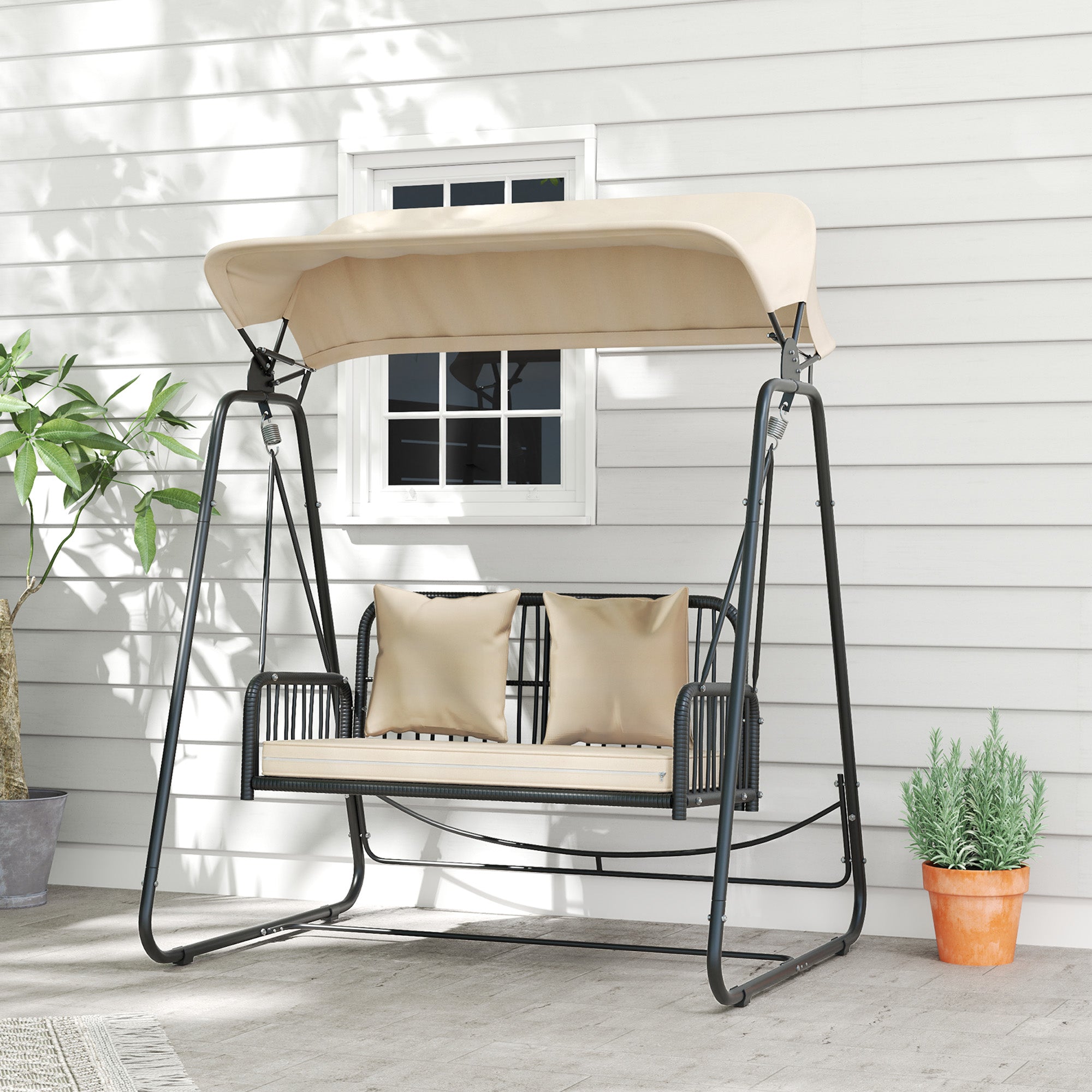Baloiço de Jardim 2 Lugares com Toldo Retrátil 149x121x180 cm - Preto e Caqui