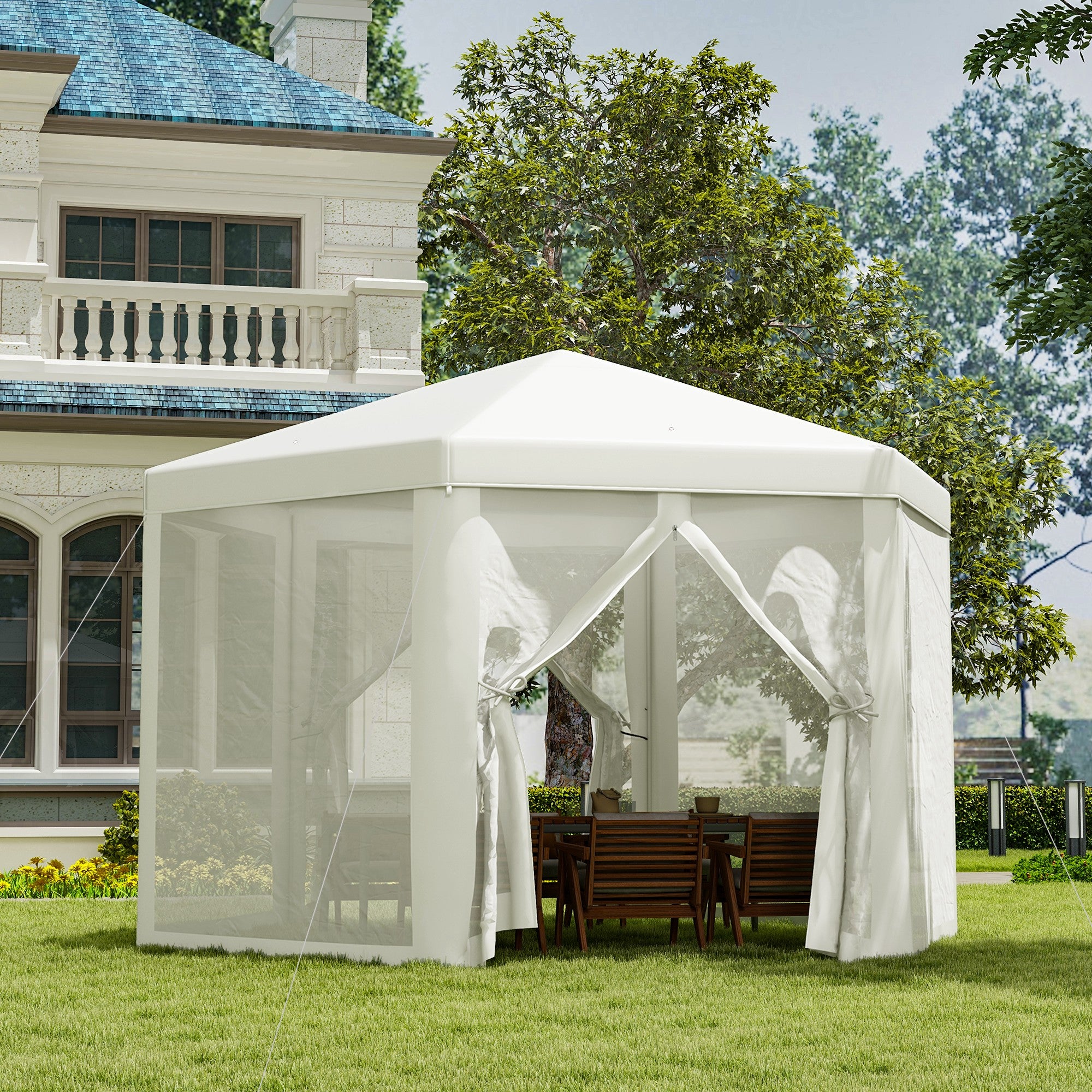 Tenda Hexagonal com Rede Mosquiteira e Orifícios de Drenagem - 197x250 cm - Creme Branco