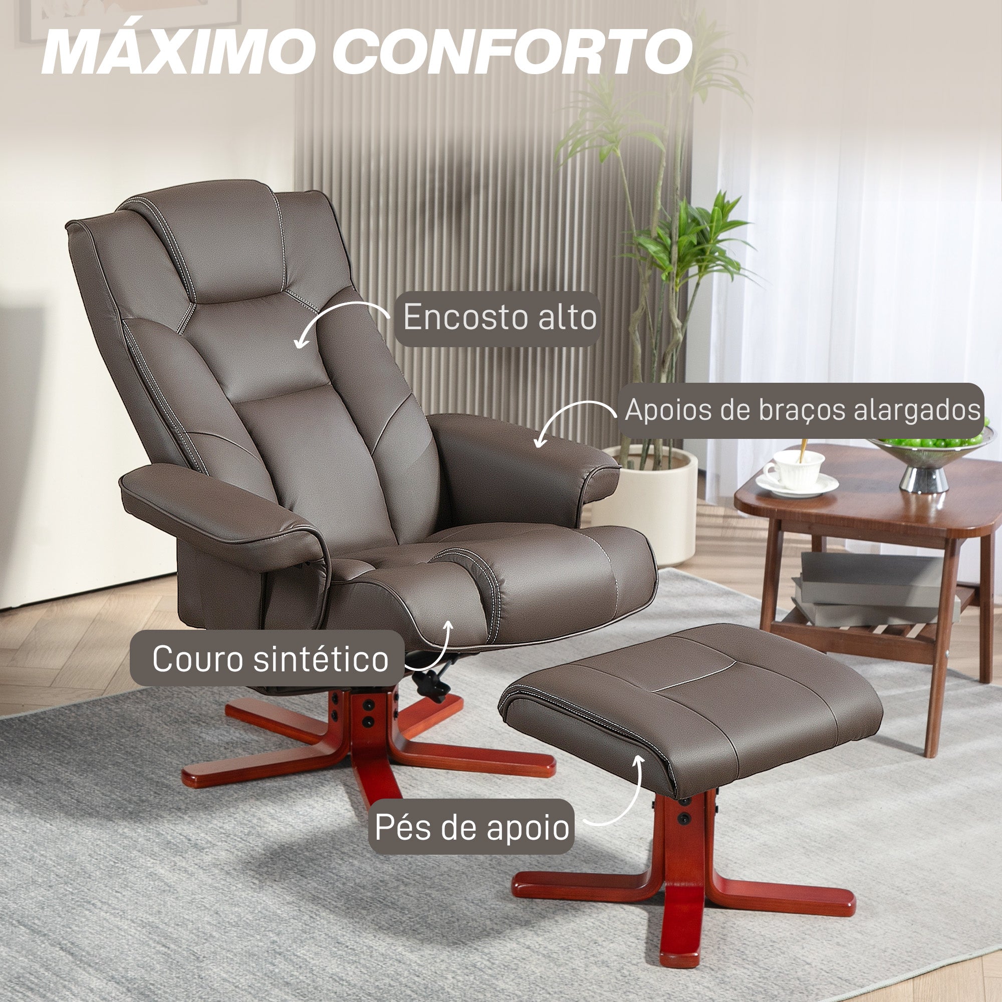 Poltrona Reclinável Marrom 83x78x105 cm em PU e Madeira