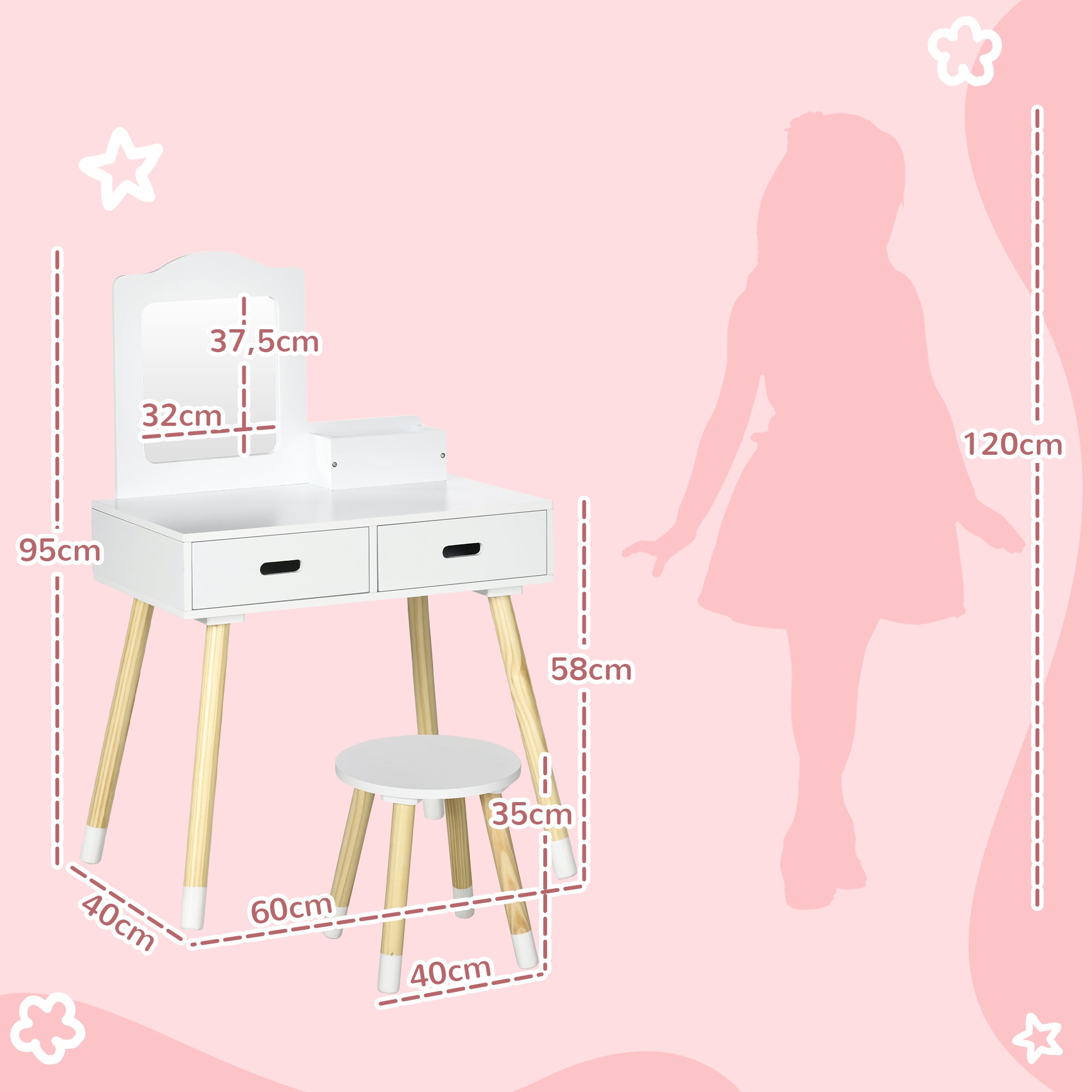 Toucador Infantil com Banco 60x40x95cm - Cor Branco