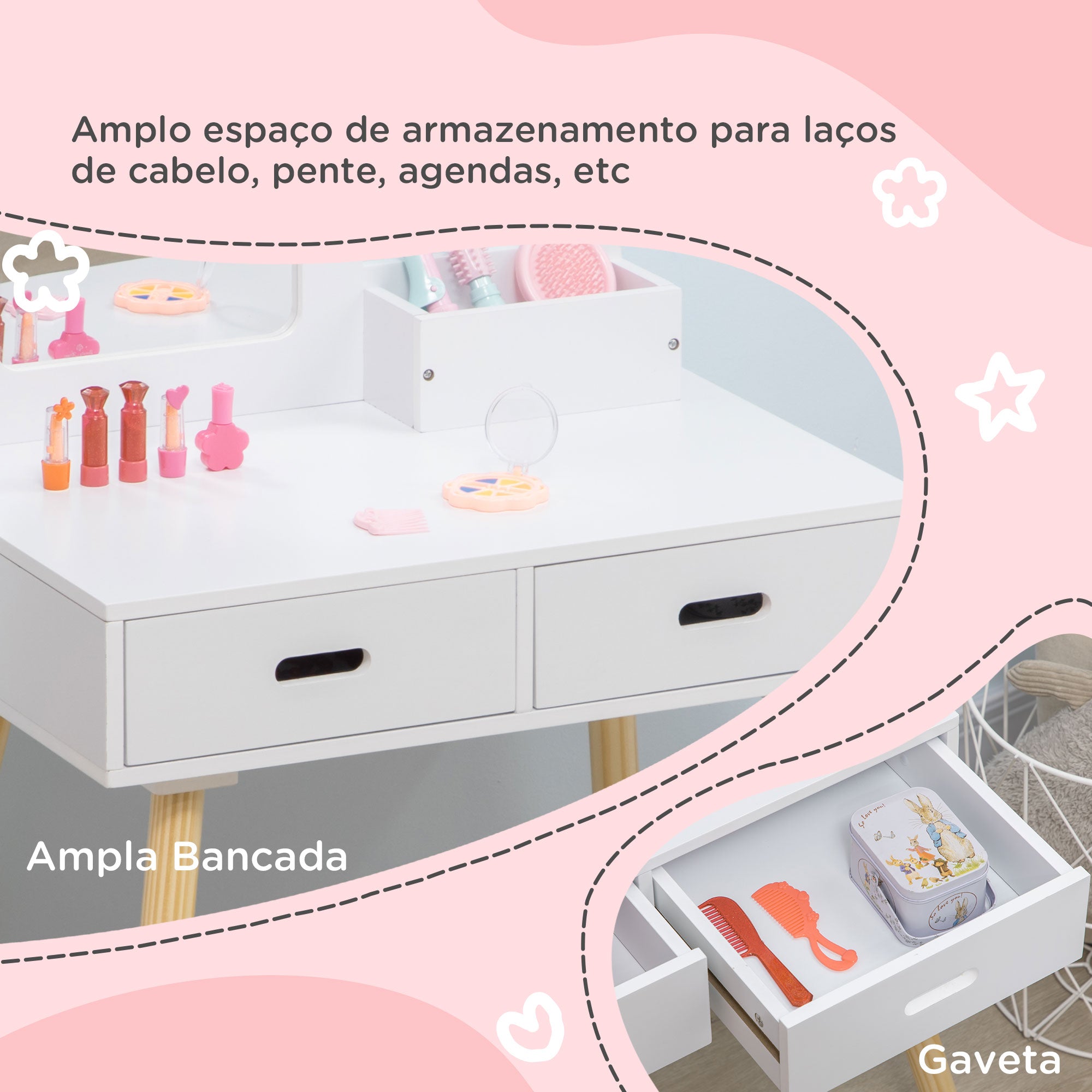 Toucador Infantil com Banco 60x40x95cm - Cor Branco