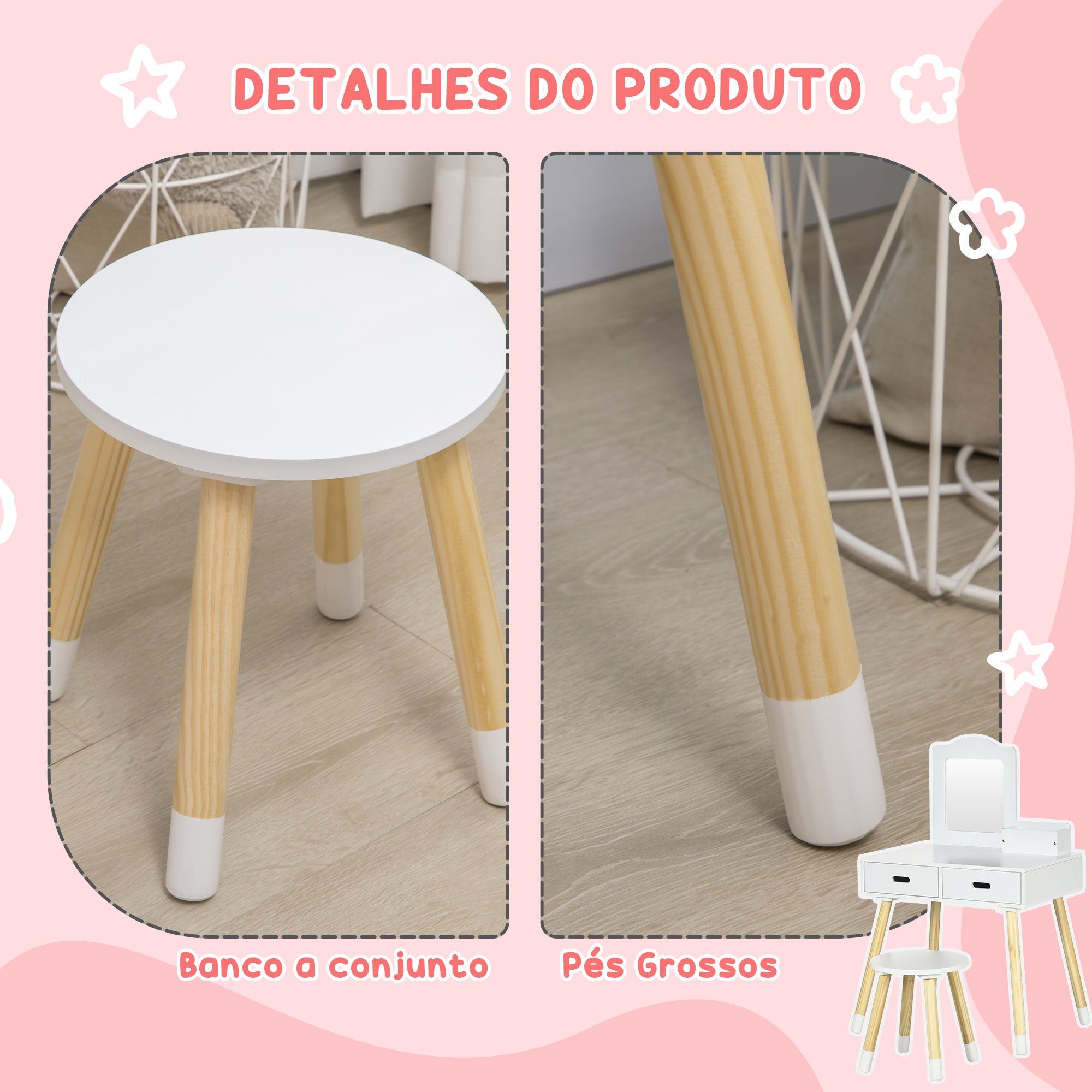 Toucador Infantil com Banco 60x40x95cm - Cor Branco